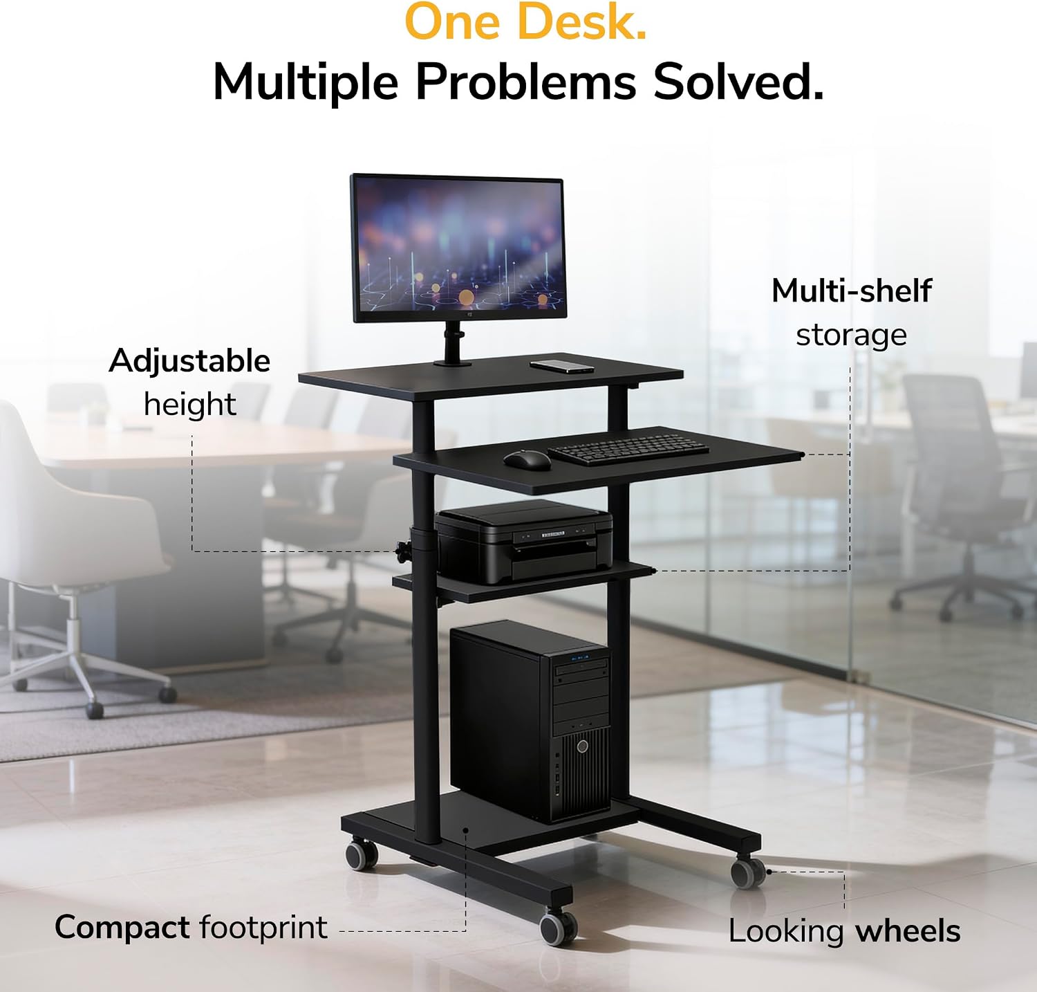 Mount-It! Black Rolling Standing Desk, Adjustable Height up to 54.7", Portable Laptop Podium Desk on Wheels, Mobile Computer Workstation with 4 Shelves 27.5" Wide, Cart for Home Office or Classroom