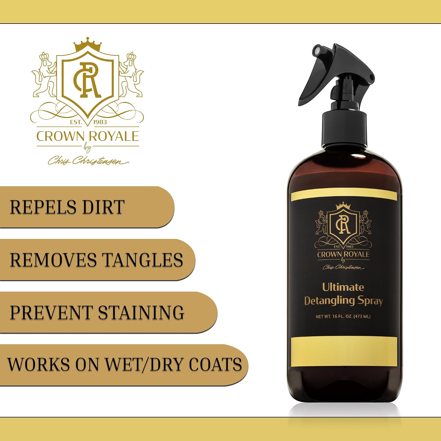 Crown Royale Ultimate Detangling Pet Spray Ready-to-Use, Removes Tangles, Prevents Stains, Repels Dirt, Made in USA, 16 oz