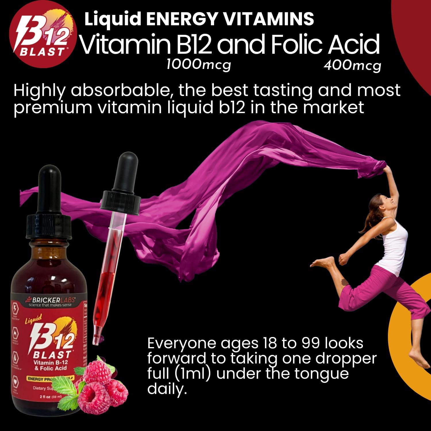 Bricker Labs B-12 Blast Liquid Vitamin B12 and Folic Acid Supplement, Support Energy Production