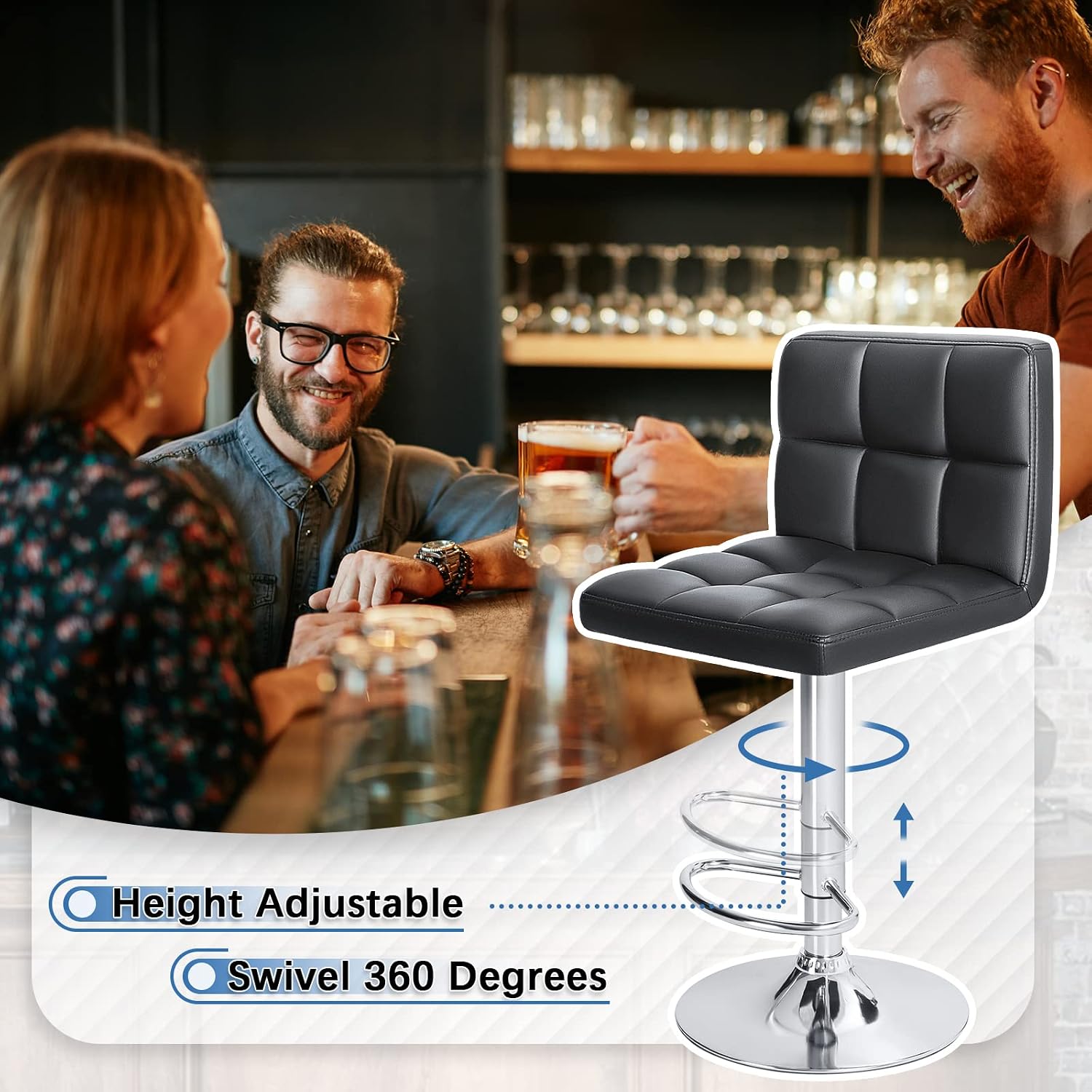 Homall Bar Stools Modern PU Leather Adjustable Swivel Barstools, Armless Hydraulic Kitchen Counter Bar Stool Extra Height Square Island Barstool with Back Set of 2 (Leather, White)