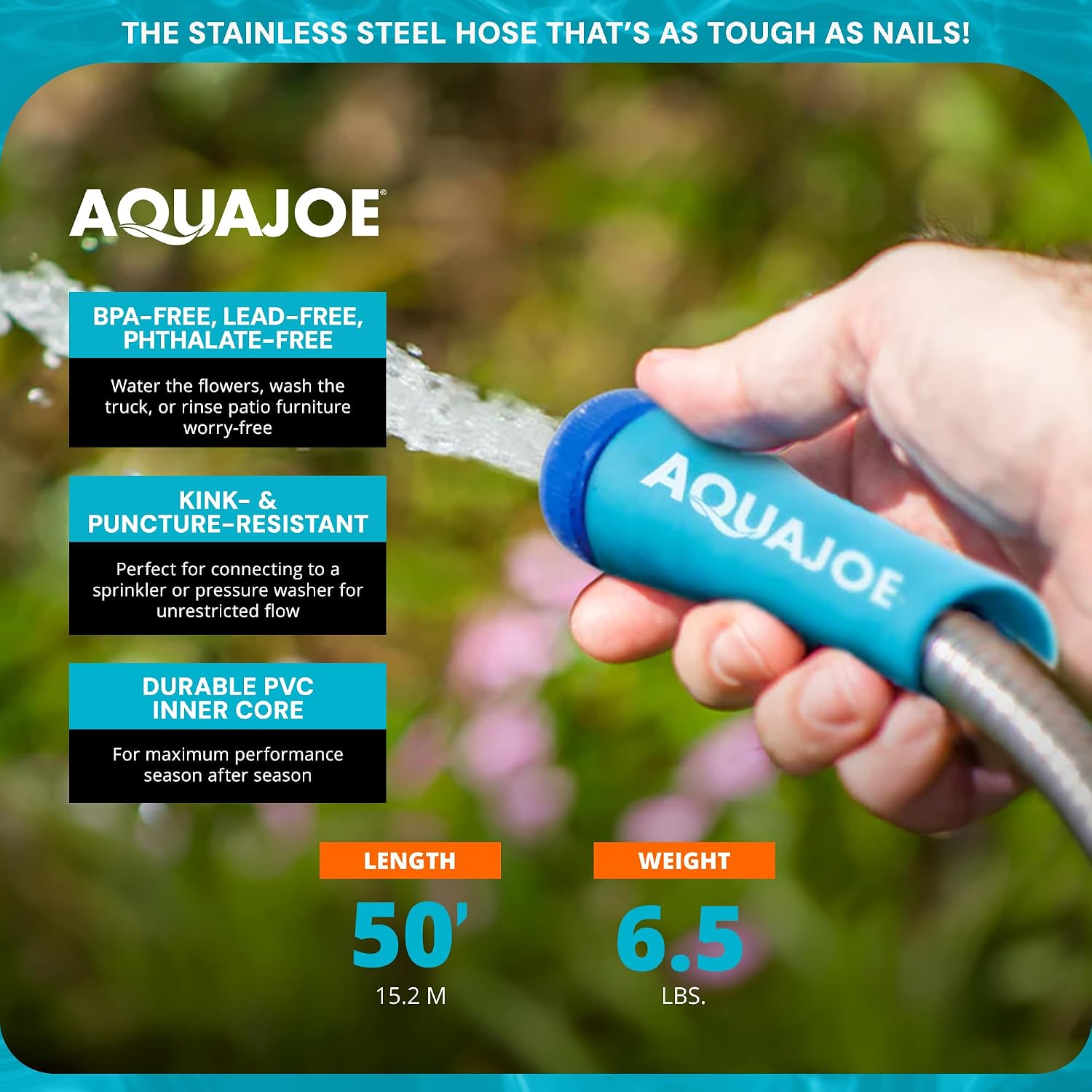 Aqua Joe 50-Foot Heavy Duty Garden Hose, Spiral 304 Stainless Steel Metal Hose, Puncture Proof, 1/2 Inch Diameter with Aluminum Fittings, AJSGH50