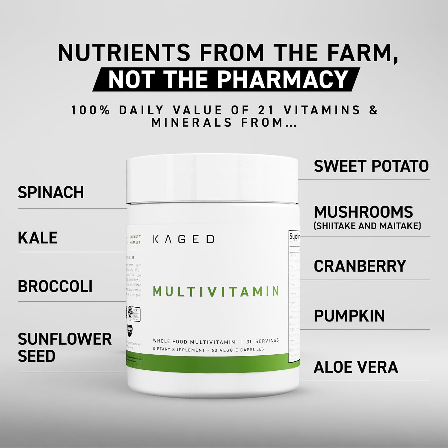 Kaged Multivitamin Capsules | Unflavored | Whole Foods Organic Fruits & Veggies | Plant Based Vegan Multivitamin | Vitamin C, D, E