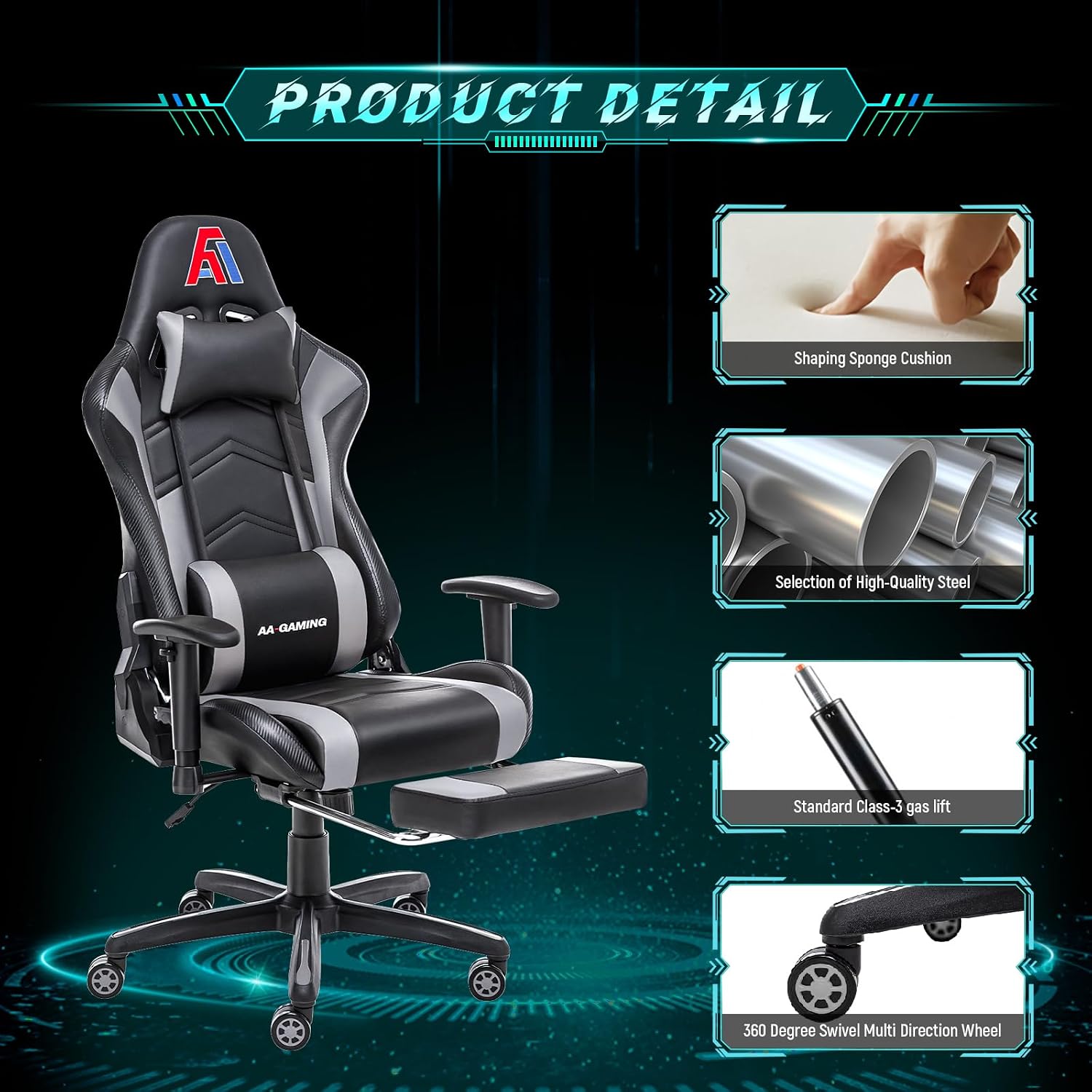 AA Products Gaming Chair Ergonomic High Back Computer Racing Chair Adjustable Office Chair with Footrest, Lumbar Support Swivel Chair - Black