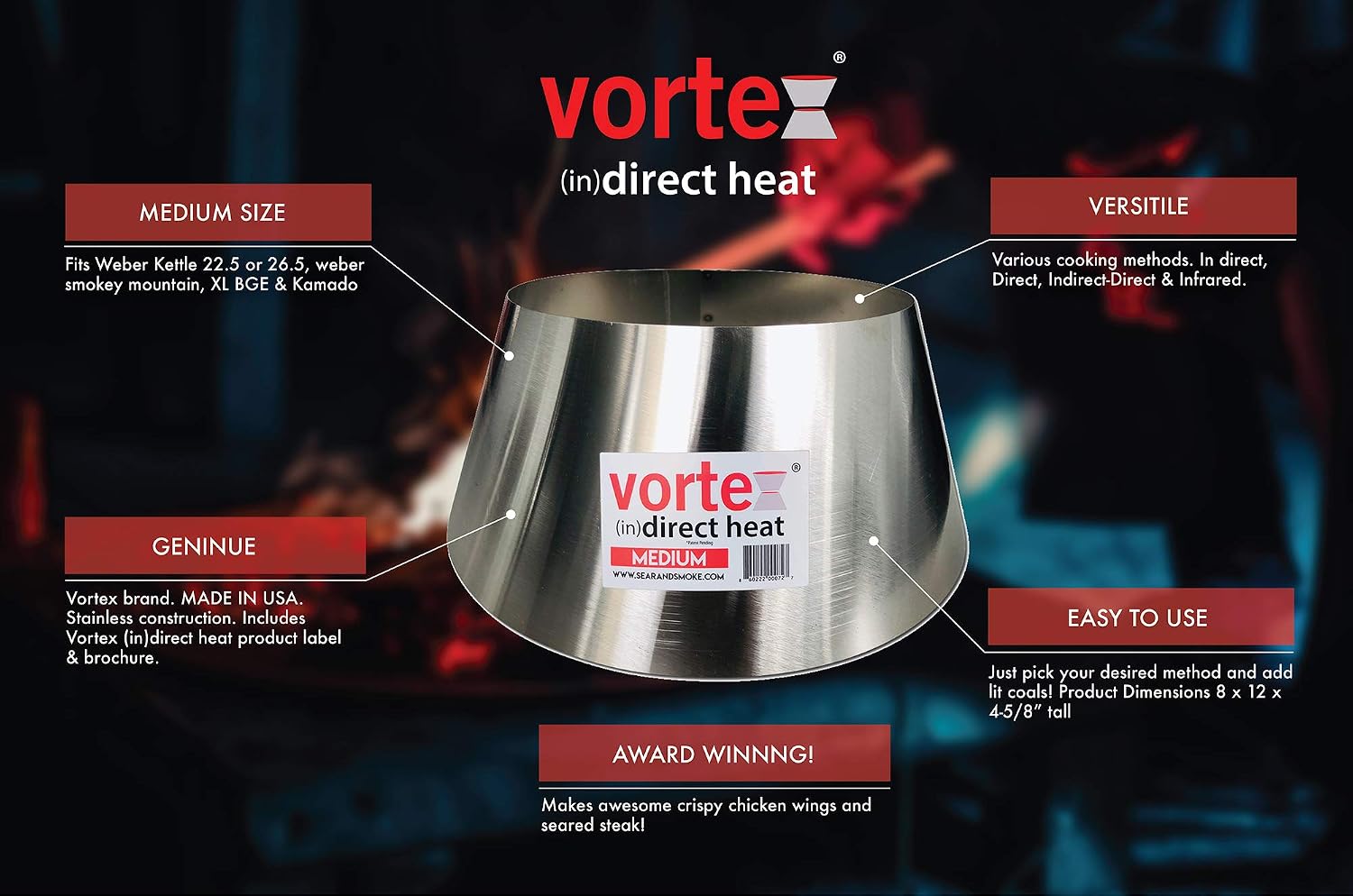 VORTEX (IN) DIRECT HEAT for Charcoal Grills, Medium Size - For Weber Kettle 22 26.75 WSM Smokey Mountain XL Kamado XL Big Green Egg