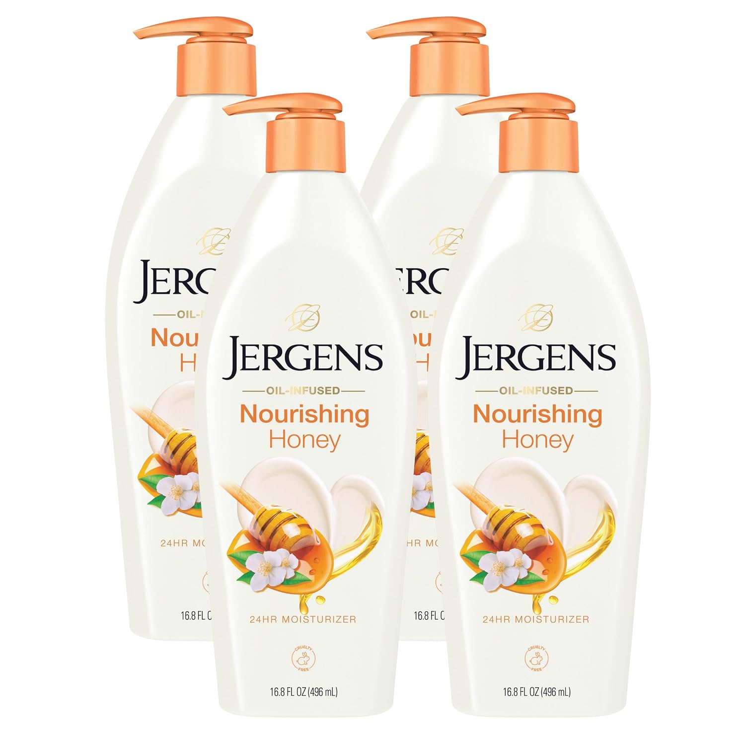 Jergens Nourishing Honey Lotion For Dry Skin, 16.8 fl oz, 4 Pack | Orange Blossom Essence, Nourishing Honey, Long-Lasting Hydration