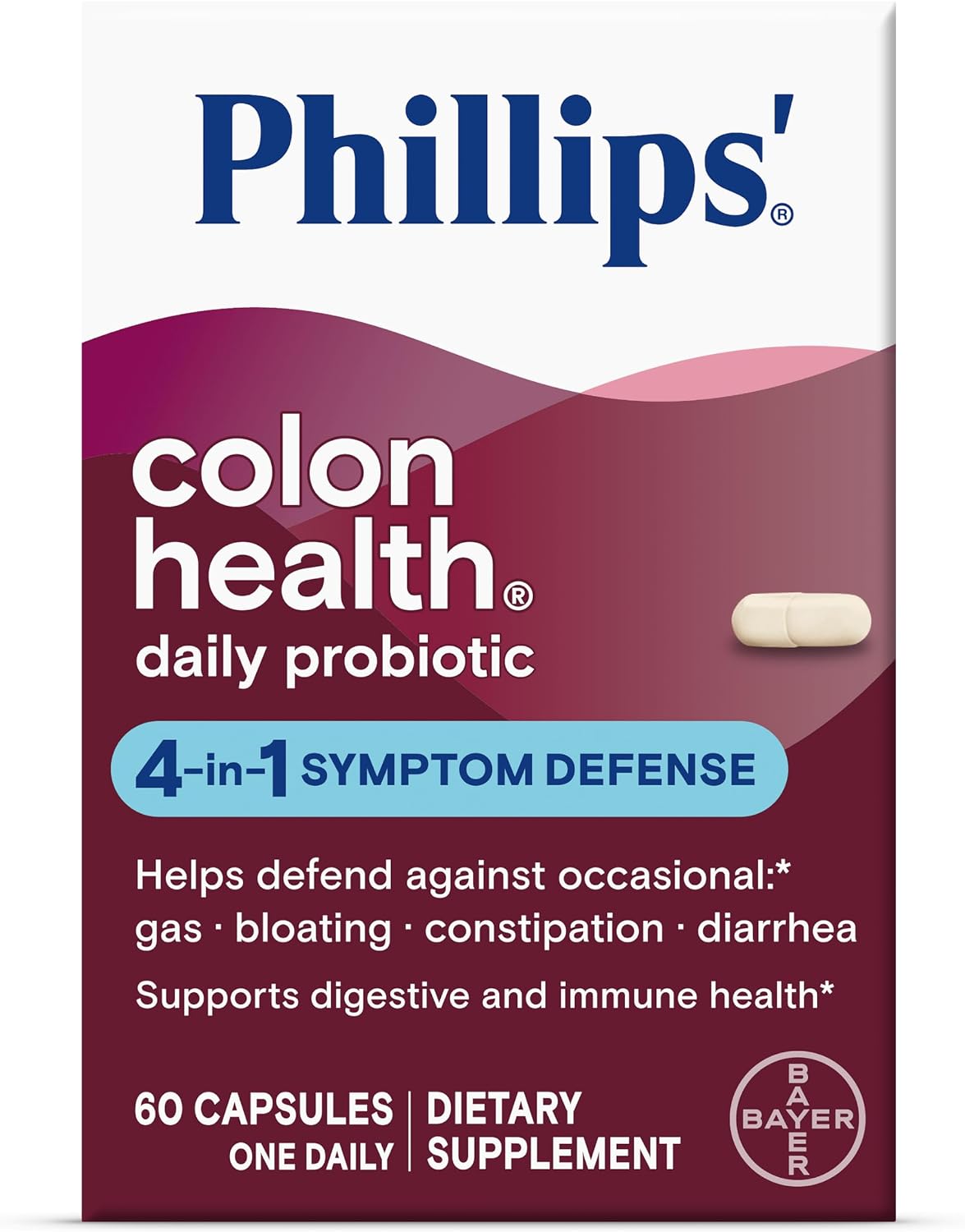 Phillips' Colon Health Daily Probiotic Capsules, 4-in-1 Symptom Defense to Help Defend Against Occasional Gas, Bloating, Constipation, and Diarrhea, Daily Supplement, 90 Count
