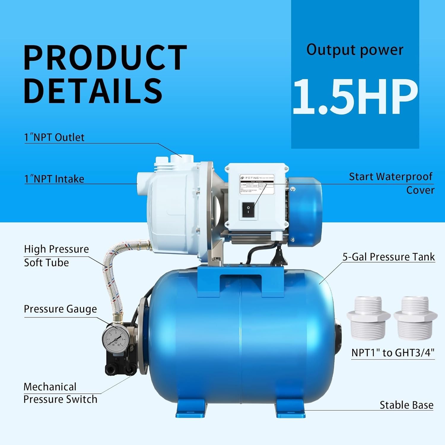 FOTING 1.5HP Shallow Well Pump with Pressure Tank, 1340GPH Automatic Irrigation Water Booster Jet Pump