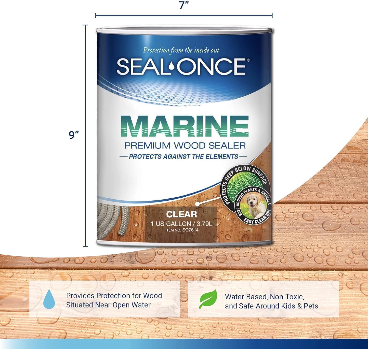 SEAL-ONCE Marine Penetrating Wood Sealer and Waterproofer, Clear, 1 Gallon | Waterproofer & Stain, Water-Based, Ultra-low VOC formula, For high-moisture areas