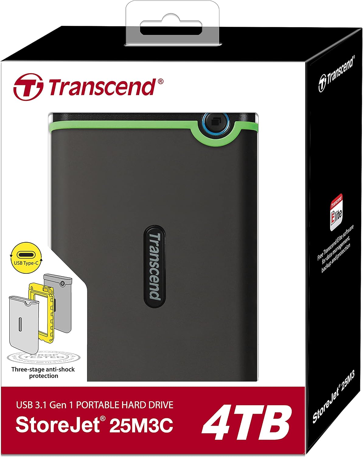 Transcend 4TB StoreJet 25M3 Rugged Portable HDD, One Touch Backup