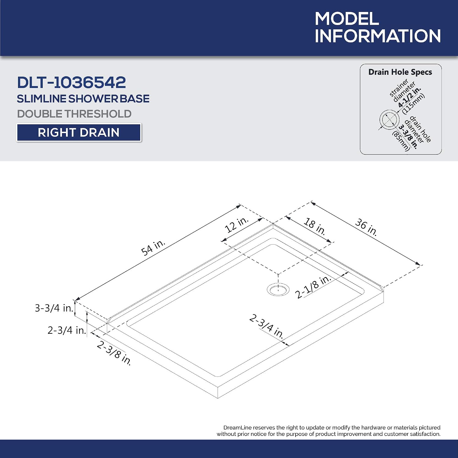 DreamLine SlimLine 34 in. D x 48 in. W x 2 3/4 in. H Right Drain Double Threshold Shower Base in White, DLT-1034482