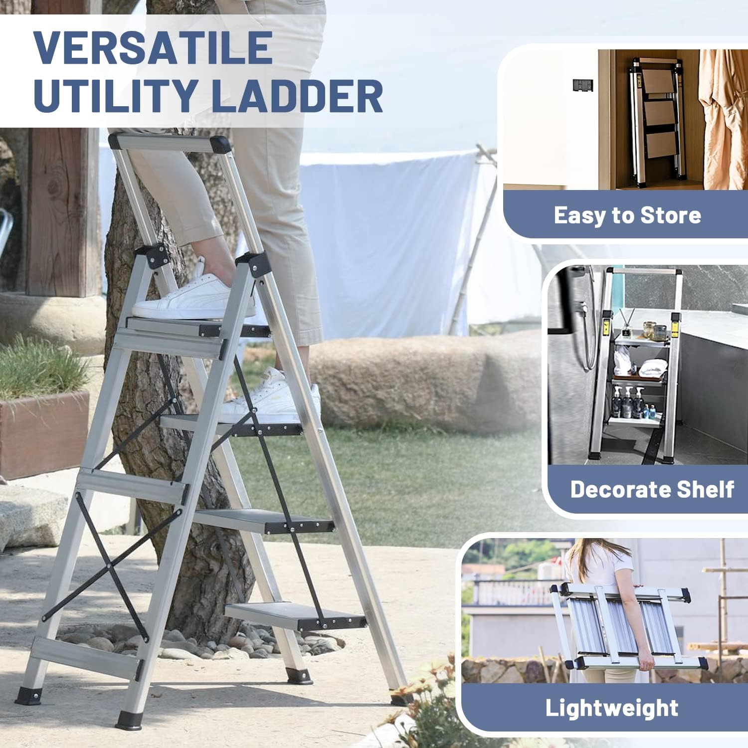XinSunho 3 Step Ladder, Aluminum Folding Stool with Retractable Handgrip
