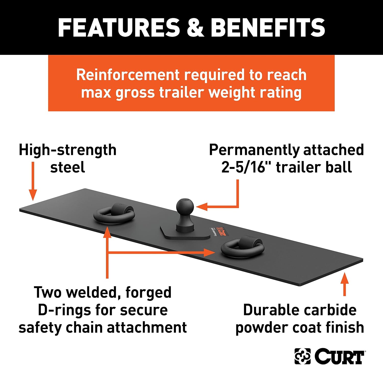 Curt Manufacturing 65500 Flat Hitch Plate 13 in X 48 in W/2 1/2 in Welded D-Rings