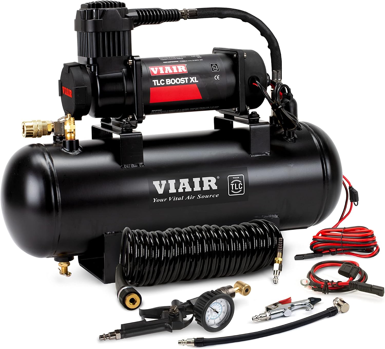 VIAIR TLC BOOST Air Compressor Source Kit – 120 PSI Stationary Tire Inflator with 1.5 Gallon Tank, Presta Valve Chuck, Inflation Tips & 30ft Coil Hose – For Air Tools, DIY Projects & Mobile Shops
