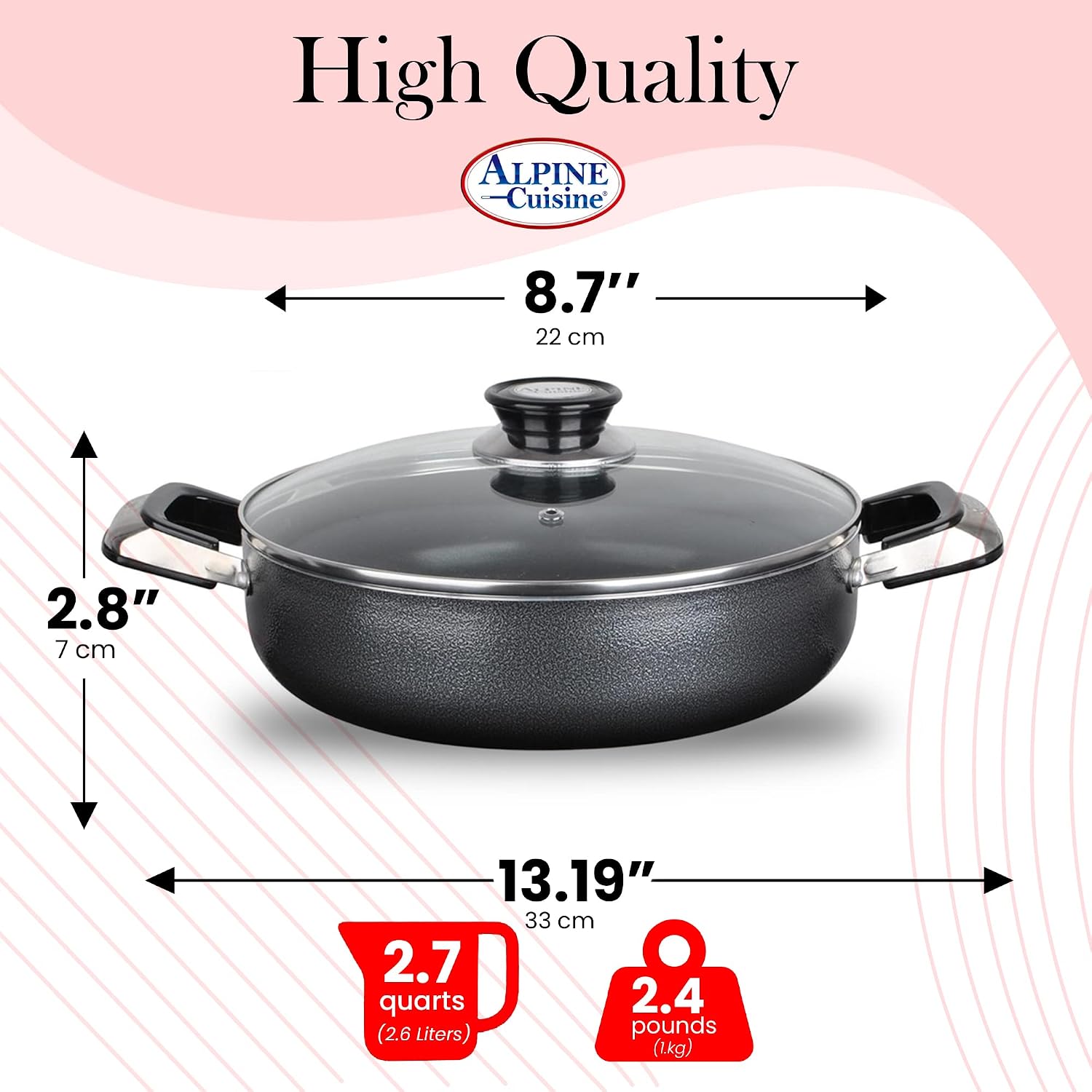 Alpine Cuisine 4 Quart Non-stick Stock Pot with Tempered Glass Lid and Carrying Handles, Multi-Purpose Cookware Aluminum Dutch Oven for Braising, Boiling, Stewing