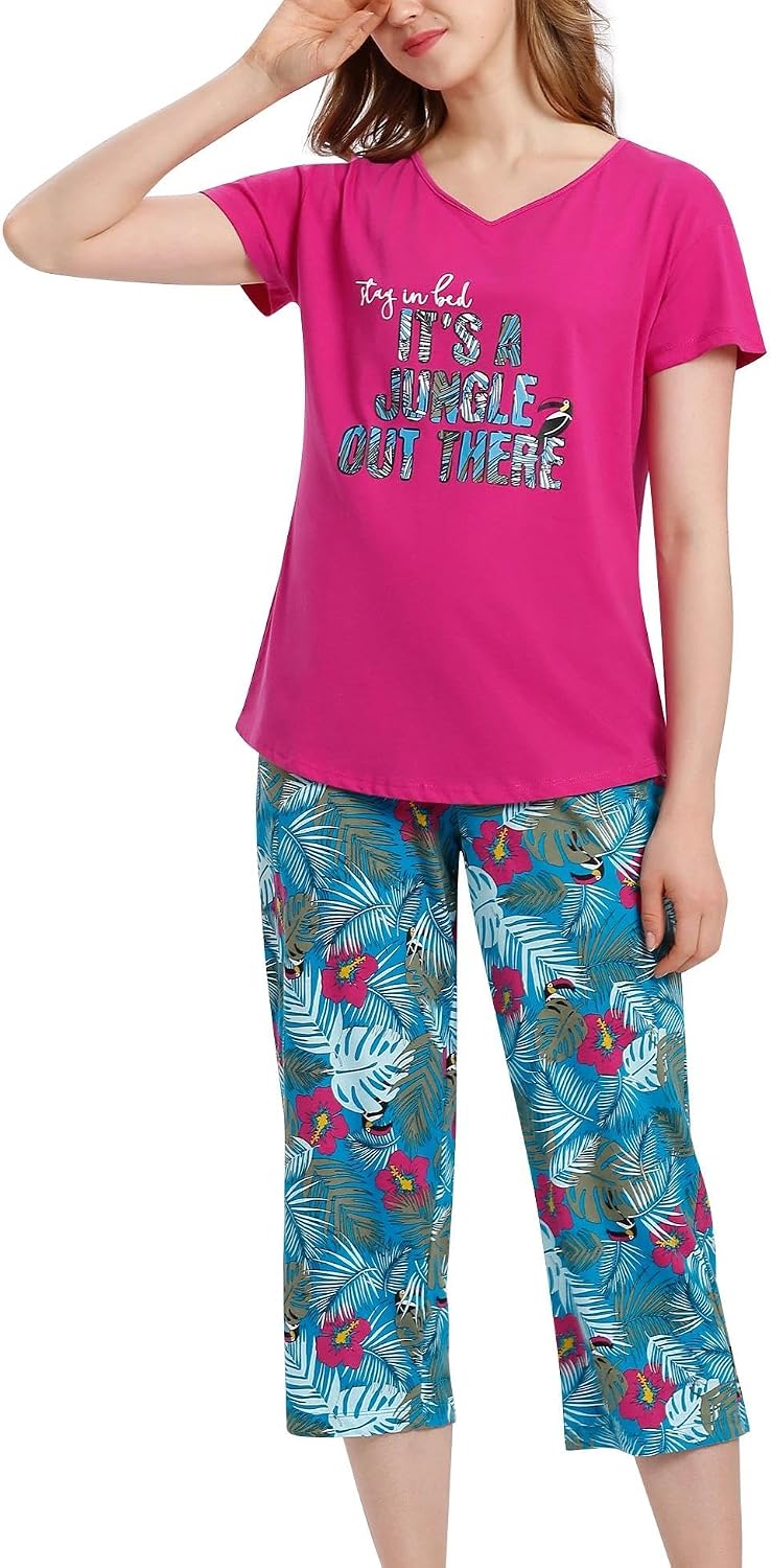 ENJOYNIGHT Womens Pajama Set Cotton Short Sleeve Top With Capri Pants Pj