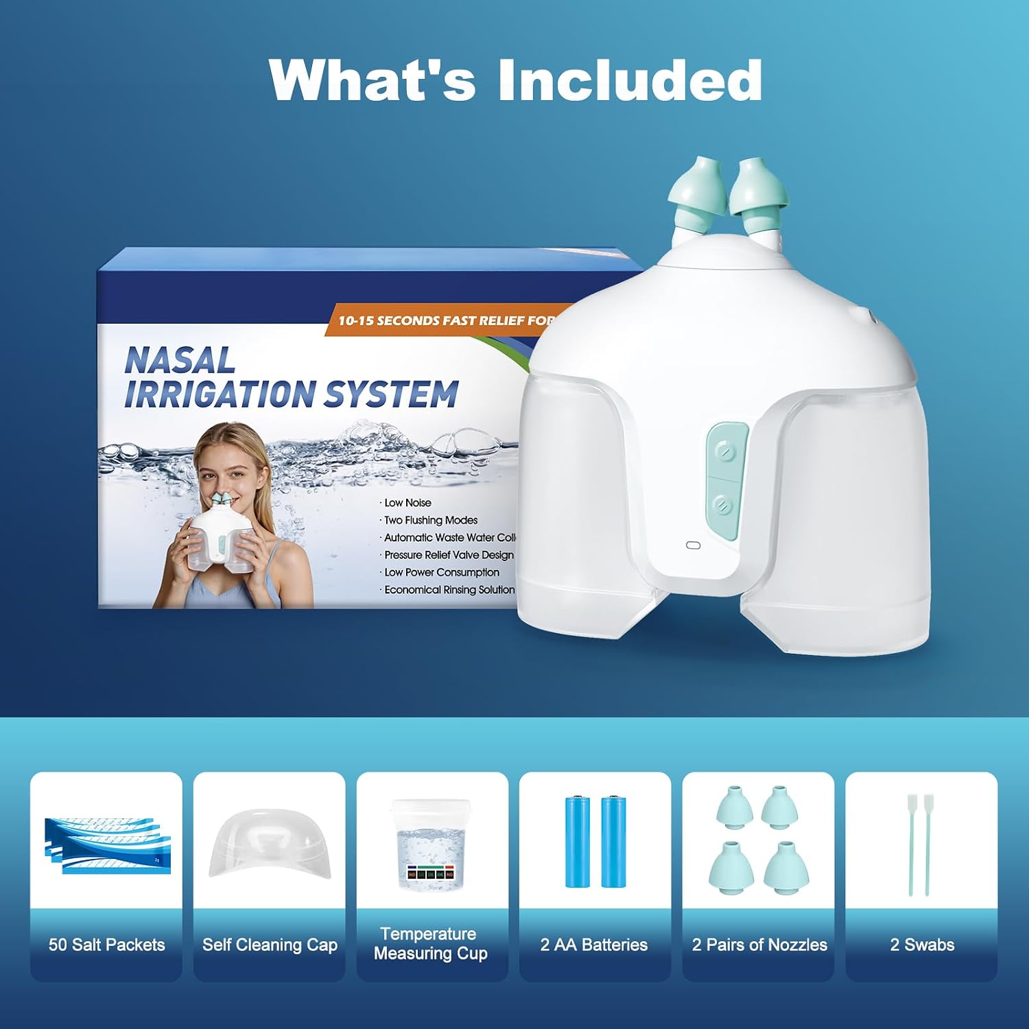 Sonmol Electric Nasal Irrigation System with 50 Saline Packets | Dual Gentle & Strong Cleaning Modes, Nasal Congestion Relief, Auto Pressure Relief