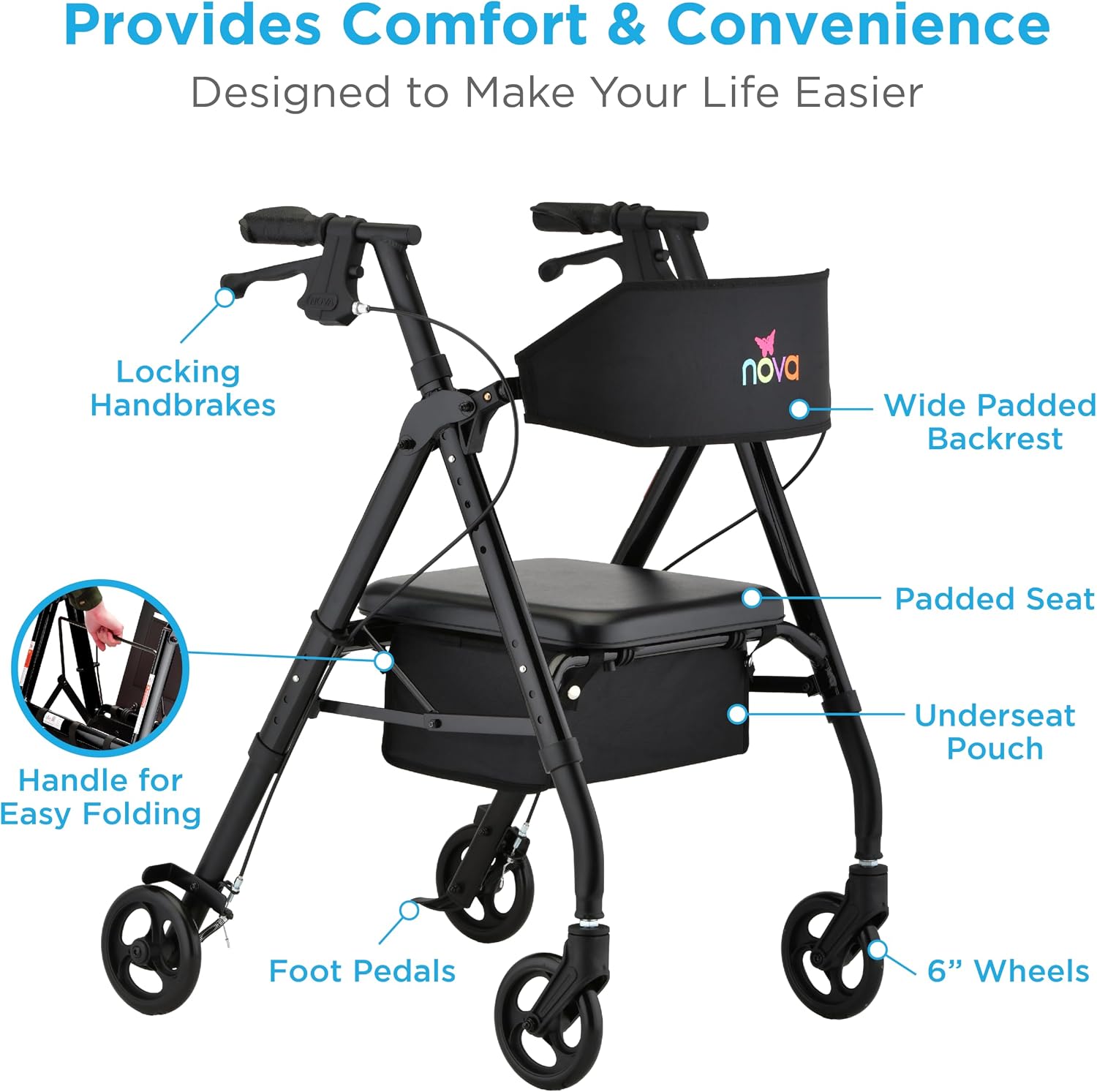 NOVA Star 6 Foldable Rollator Walker for Seniors, Wide Padded Backrest with Seat, 6” All-Terrain Wheels, Easy-Grip Locking Hand Brakes, Height Adjustable, Blue