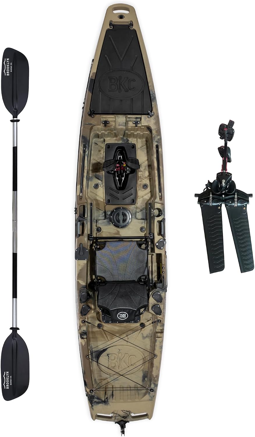 BKC Brooklyn 12.5 Pro Pedal Fishing Kayak, Propeller Drive | Hands-free propeller drive, rudder steering, 550 lb capacity, dry storage, rod holders, 12.5 ft sit-on-top hull