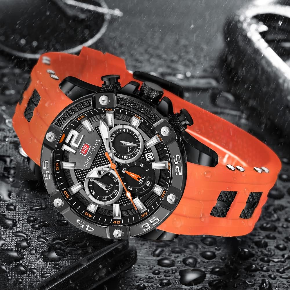 MF MINI FOCUS Men Watch, Chronograph Waterproof Sport Analog Quartz Watches Blue Silicon Strap Fashion Wristwatch for Men