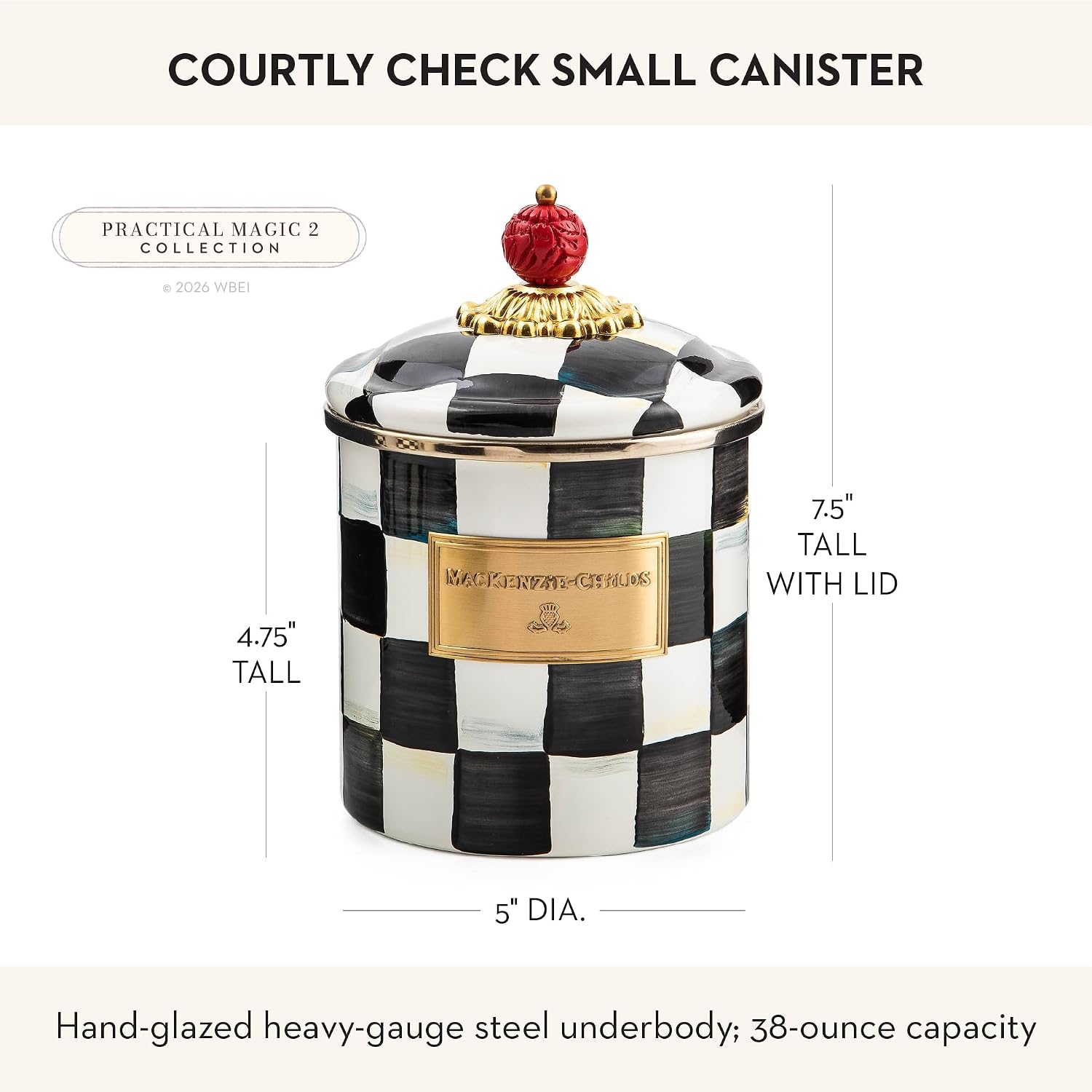 MACKENZIE-CHILDS Enamel Canister, Small, Black-and-White Courtly Check