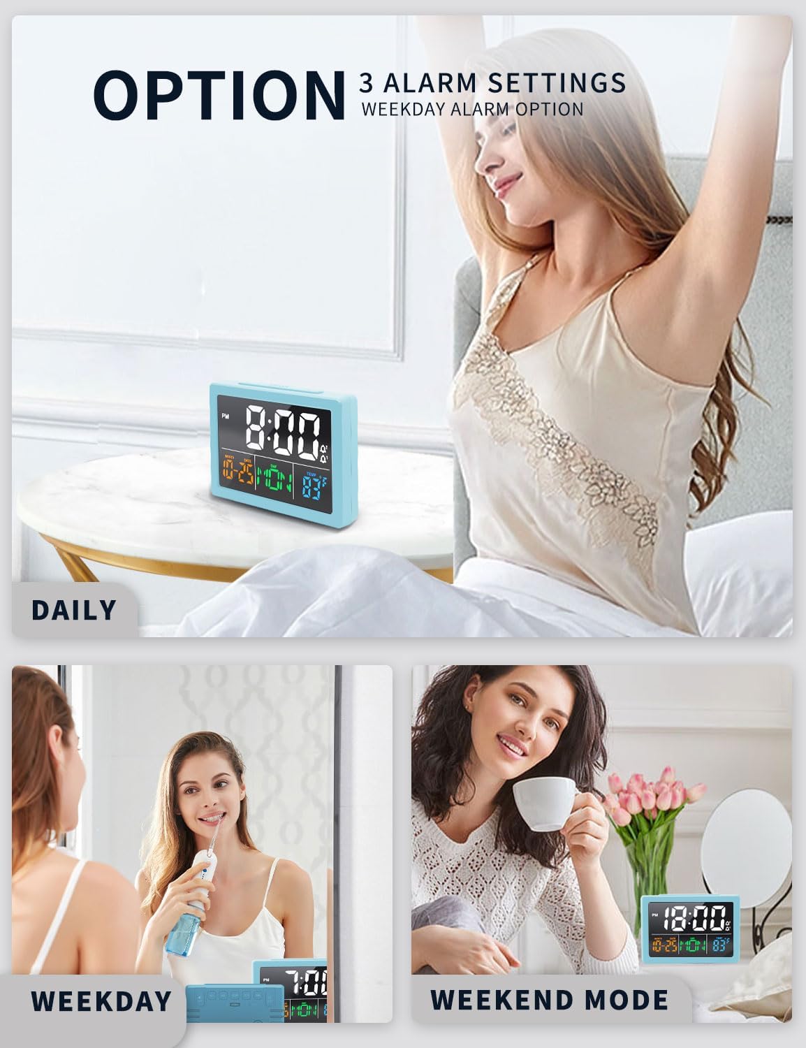 JALL Digital Clock with Date Day for Seniors, Electric Alarm Clocks for Bedrooms with Temperature, 2 Alarms, Dimmer, Dual USB Charger, Battery Backup