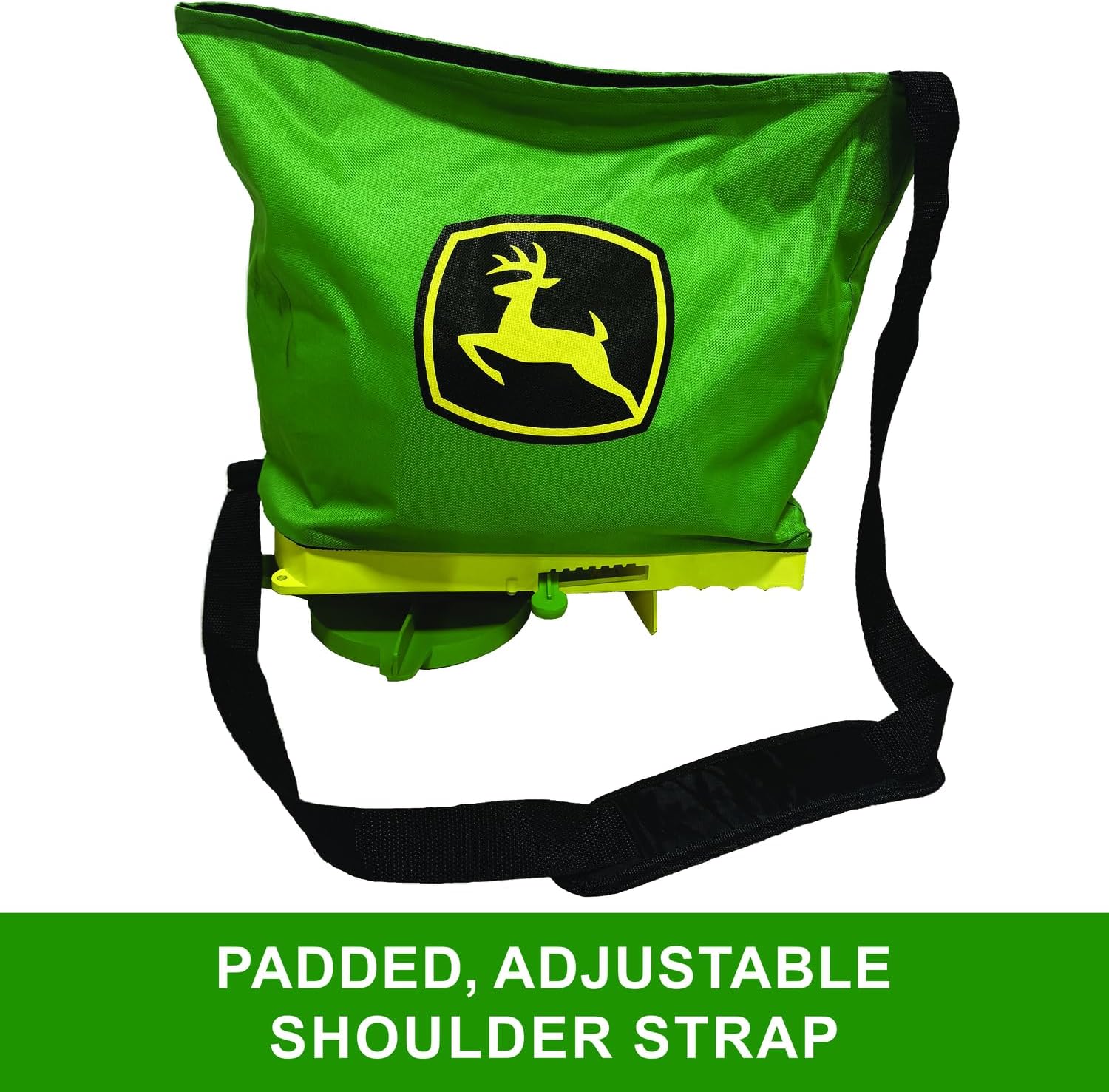 John Deere 25 lb Handheld Bag Seeder Spreader with Waterproof Bag, Enclosed Gears, Adjustable Shoulder Strap, Rear Baffle