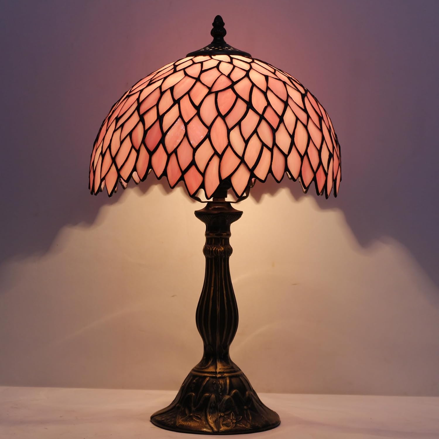 WERFACTORY Tiffany Table Lamp Pink Wisteria Style Stained Glass Desk Light | Bedside Reading Light 12X12X18 Inches Decor Bedroom Living Room Home