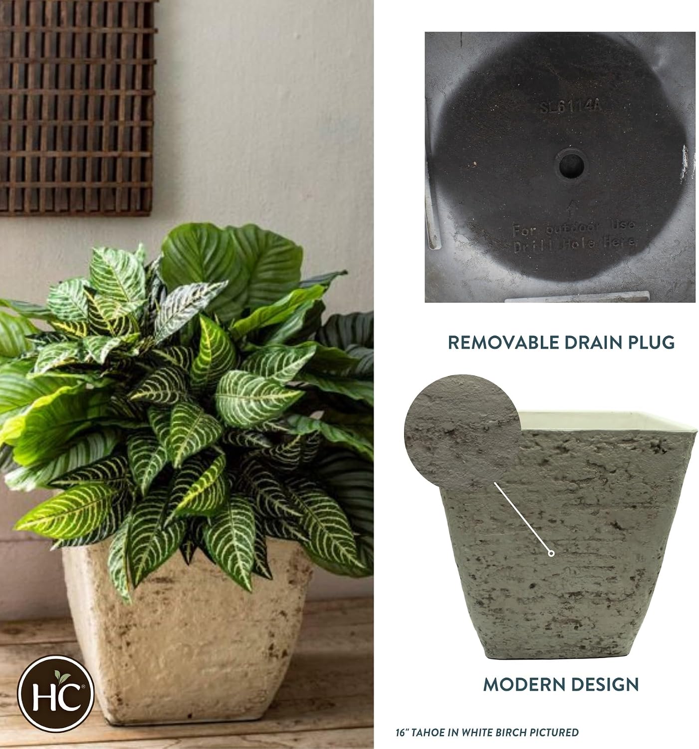 The HC Companies Tahoe Tall Square Planter - Weather-Resistant Indoor & Outdoor Plant Pot - Premium Decorative Planter Made from Crushed Stone Resin (23”H, White Birch, Pack of 1)