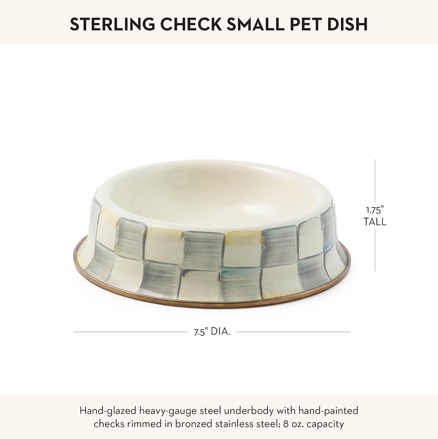MACKENZIE-CHILDS Enamel Pet Dish, Large, Black-and-White Courtly Check | Decorative cat and dog bowl for food and water, 40-ounce capacity