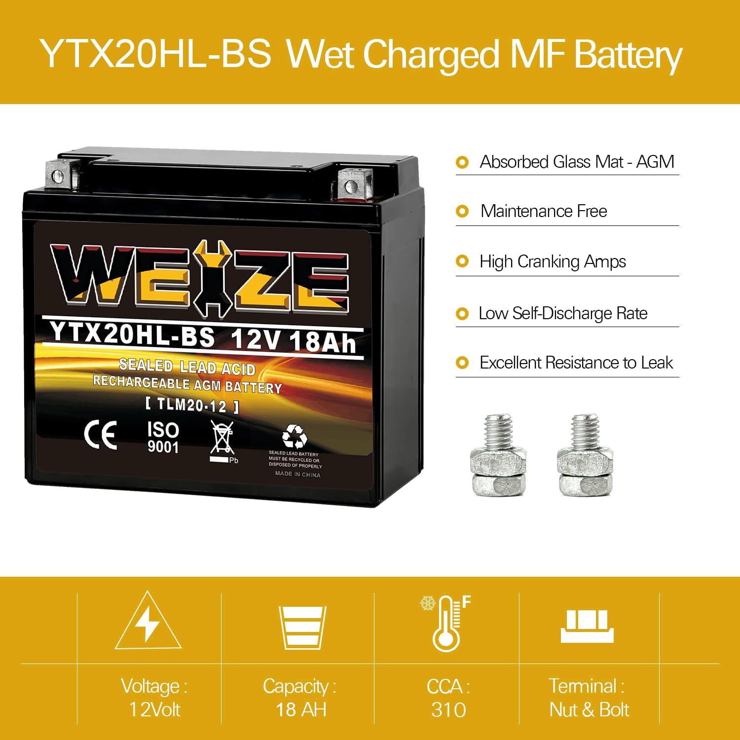 Weize YTX14 BS ATV Battery High Performance - Maintenance Free - Sealed AGM YTX14-BS Motorcycle Battery compatible with Honda Suzuki Kawasaki Yamaha scooter snowmobile