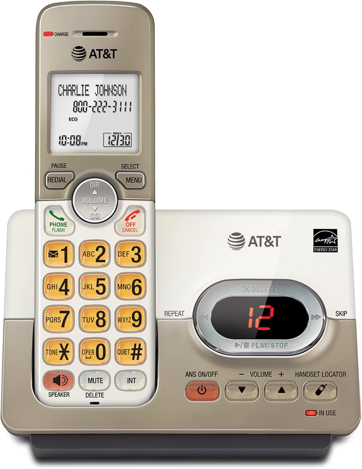 AT&T EL52213 2-Handset Cordless Phone, Light Champagne | Digital Answering System, Extra-Large Backlit Keys, Caller ID/Call Waiting, DECT 6.0, Expandable Speakerphone