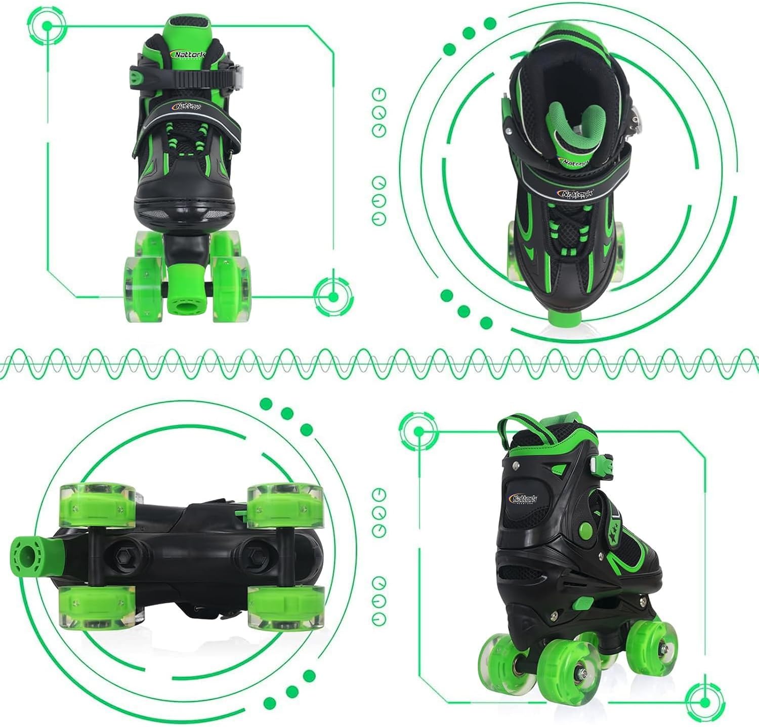 Nattork Kids Roller Skates for Boys Girls Kids, 4 Sizes Adjustable Quad Skates with All Light up Wheels - Birthday Gift for Indoor Outdoor Sports