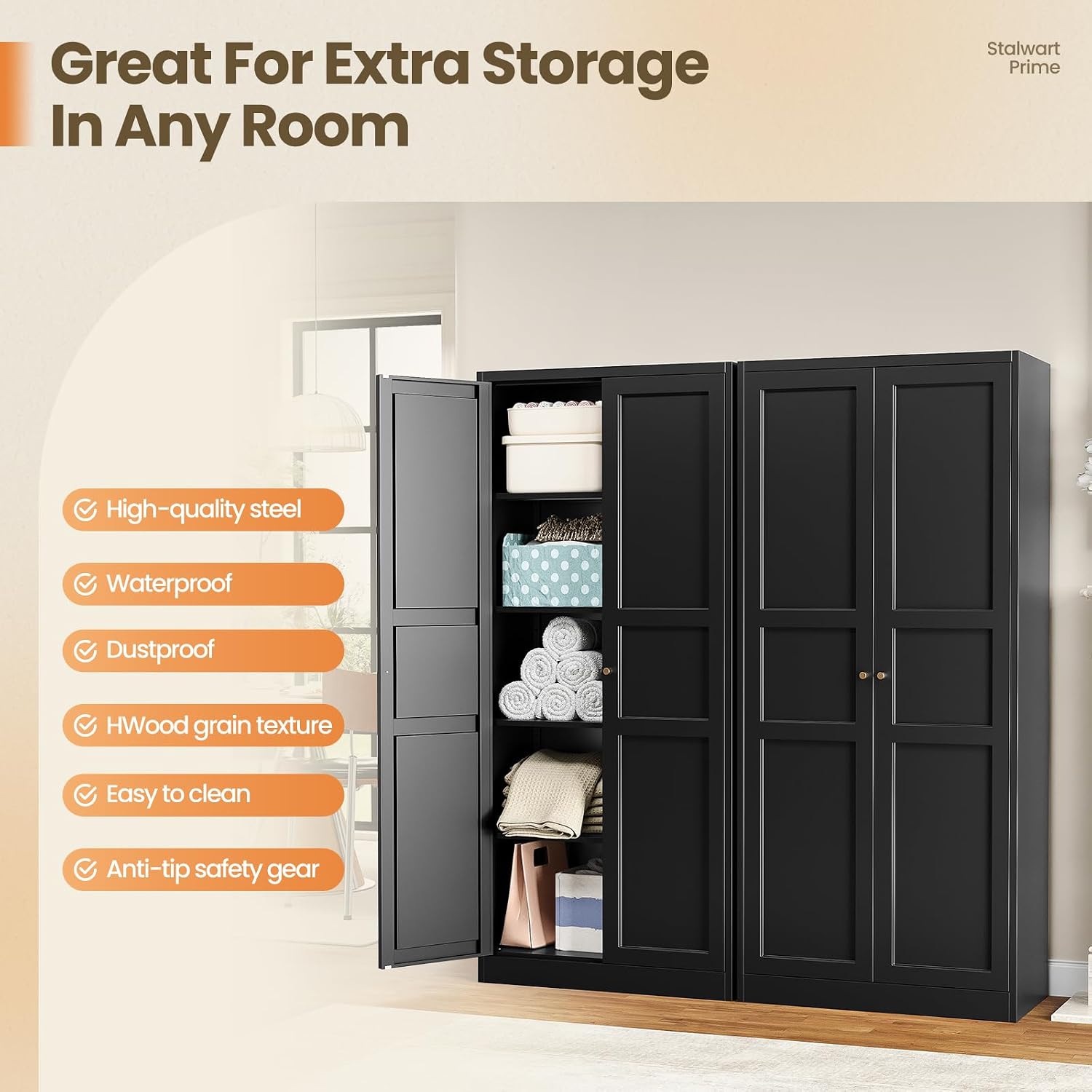 Metal Storage Cabinet with 2 Doors and 4 Adjustable Shelves - 61" White Kitchen Pantry Storage 5-Tier Tall Steel Cabinets Locker for Kitchen, Living Room, Dining Room