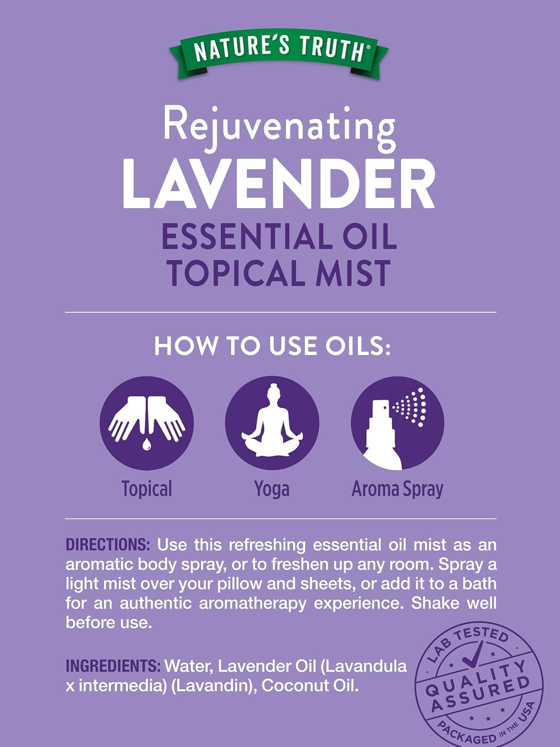 Nature's Truth Lavender Essential Oil Spray | 2.4 fl oz | Room Aroma Mist, Topical Use, & Yoga | Room Aroma Mist, Topical Use & Yoga