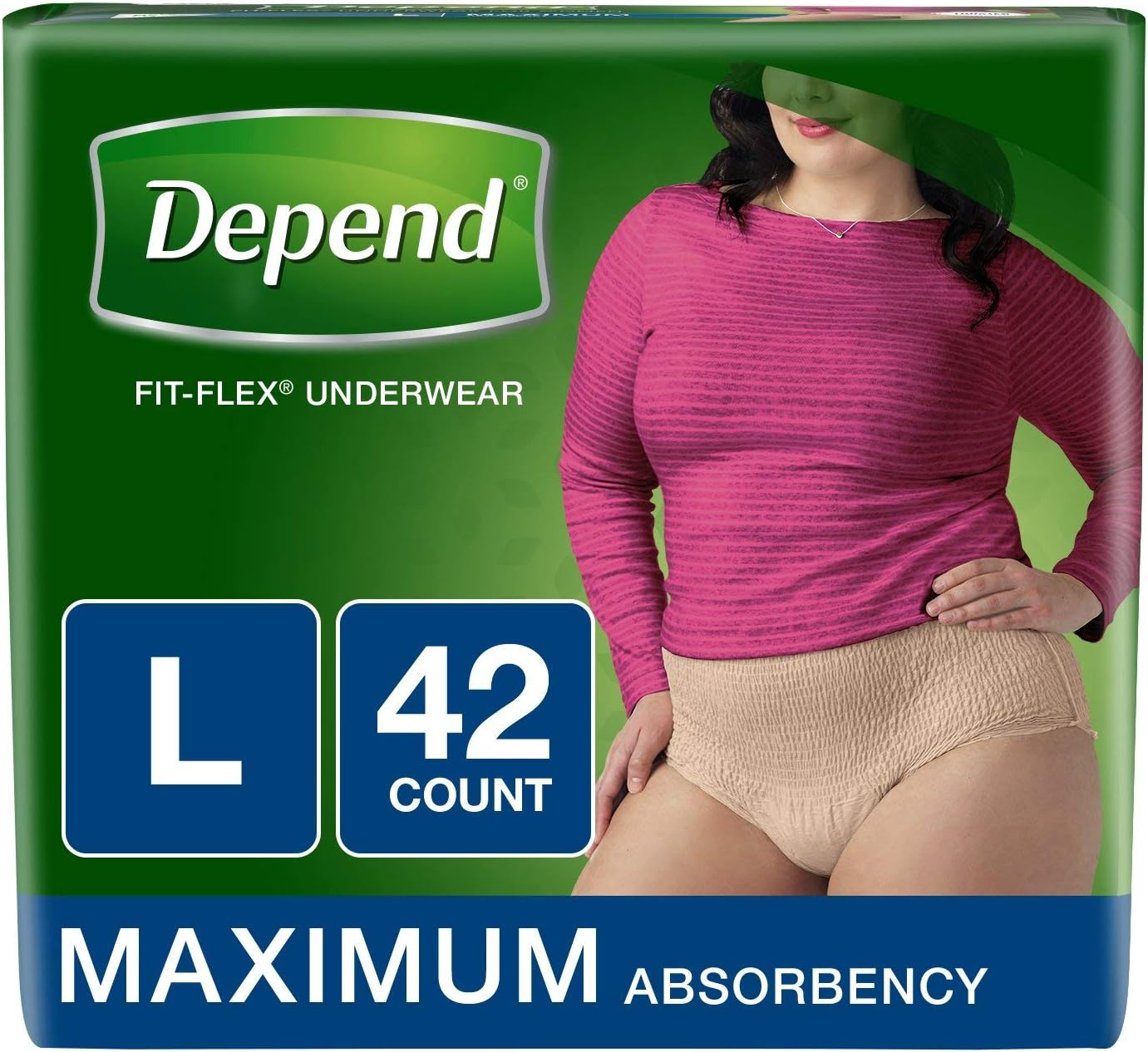 Depend FIT-FLEX Incontinence Underwear for Women, Disposable, Maximum Absorbency, Large, Blush, 52 Count (2 Packs of 26) (Packaging May Vary)