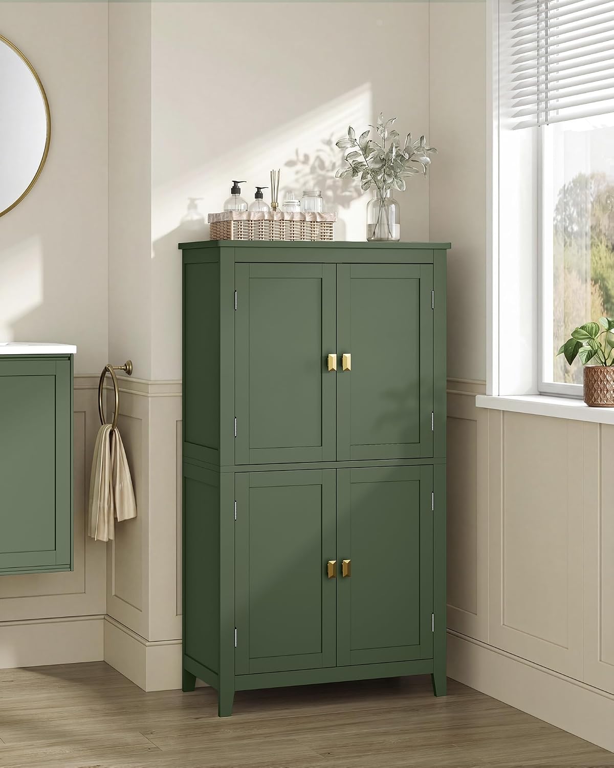 SONGMICS HOME Freestanding Storage Cabinet, Floor Cabinet with Elevated Legs, Metal Handles, for Living Room, Kitchen, Bathroom, Green