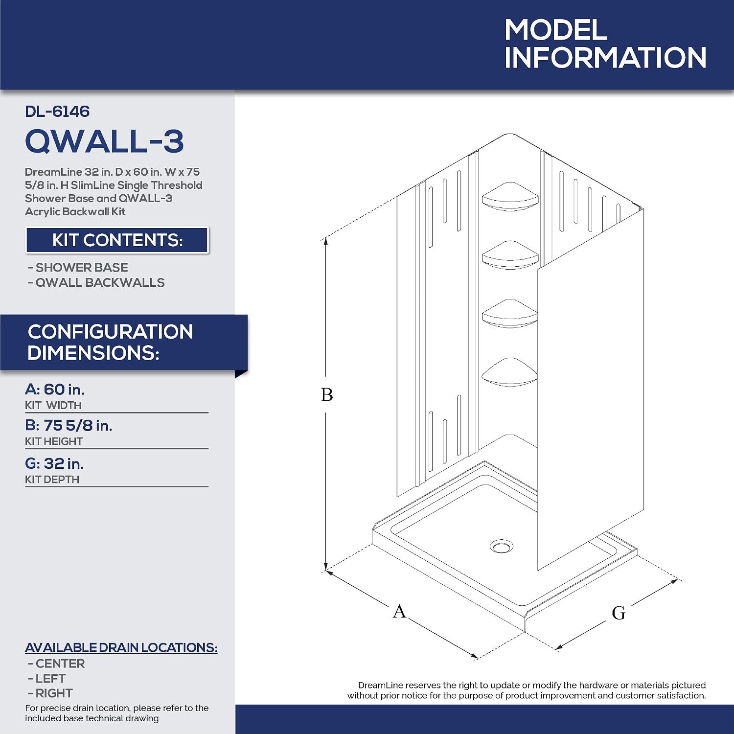 DreamLine 32 in. D x 60 in. W x 75 5/8 in. H Center Drain Acrylic Shower Base and QWALL-3 Backwall Kit In White, DL-6146C-01