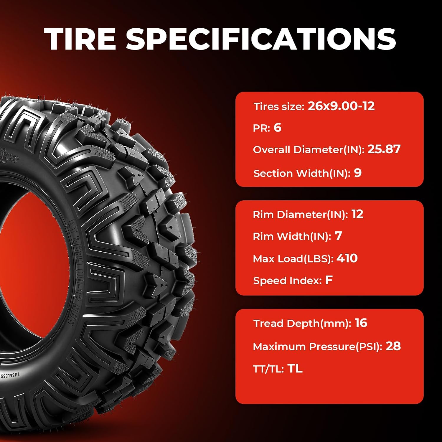 ATV/UTV Tires 26x9-12, 6-Ply Tubeless Tire, Set of 2 | 2pcs 26x9x12 ATV Tires, 6 PR