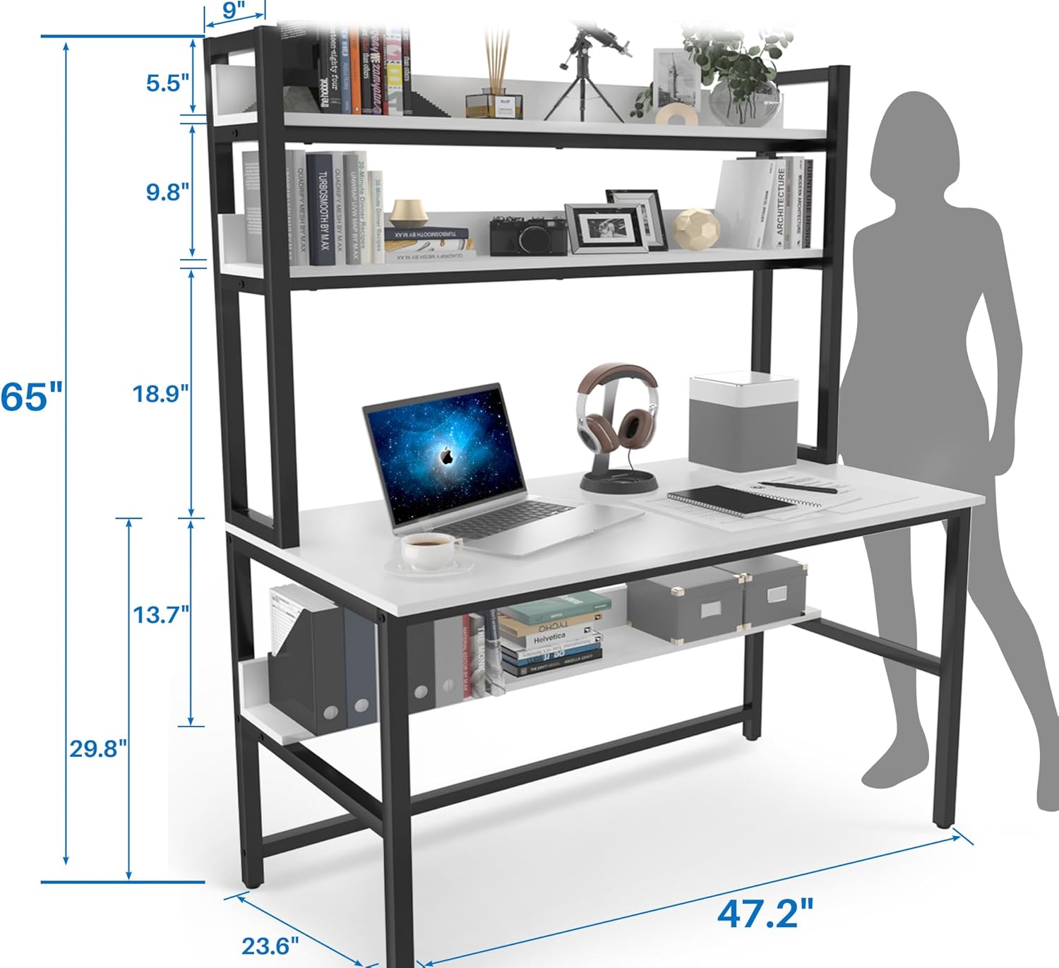 Aquzee Computer Desk with Shelves, 47" W x 23.6" D Gaming Desk with Hutch and Bookshelf