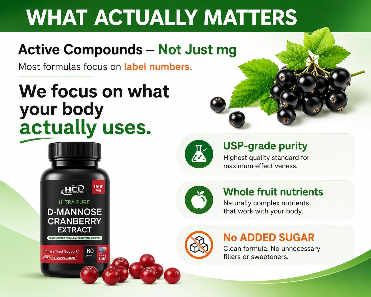 HCL HERBAL CODE LABS D-Mannose with Cranberry Extract Capsules 1500mg – High Potency USP Grade D-Mannose Supplement with Whole Fruit Cranberry