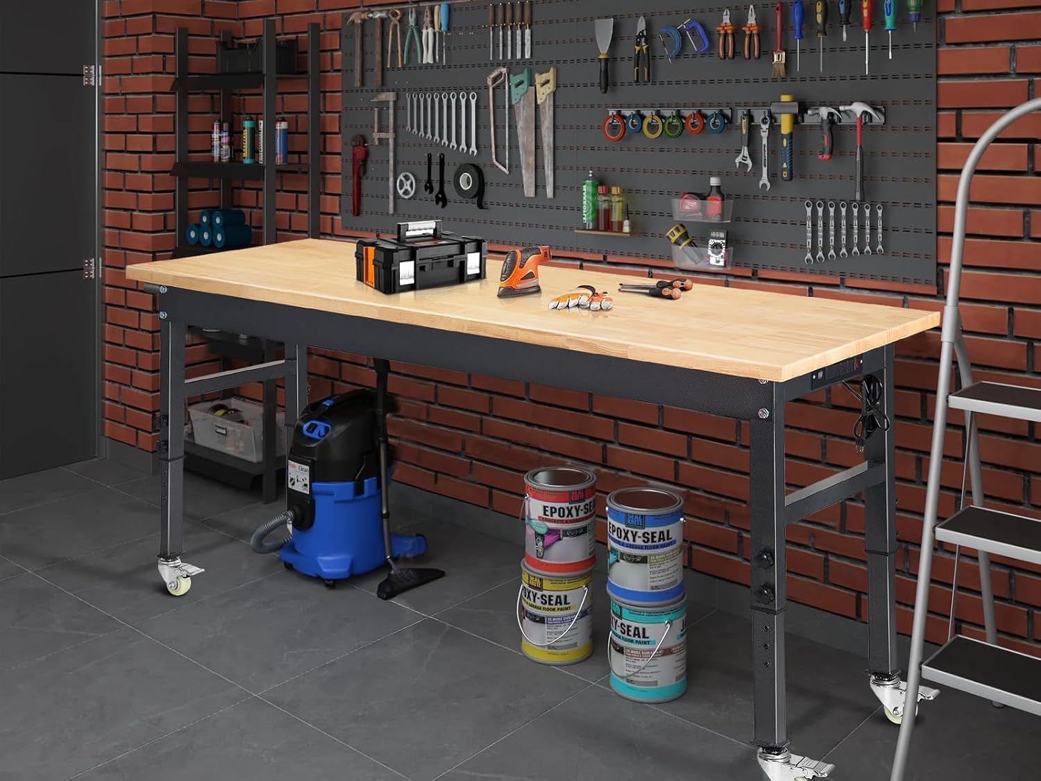 60" Adjustable Work Bench, Rubber Wood Top Workbench | Heavy-Duty Work Table with Power Outlet and Wheels