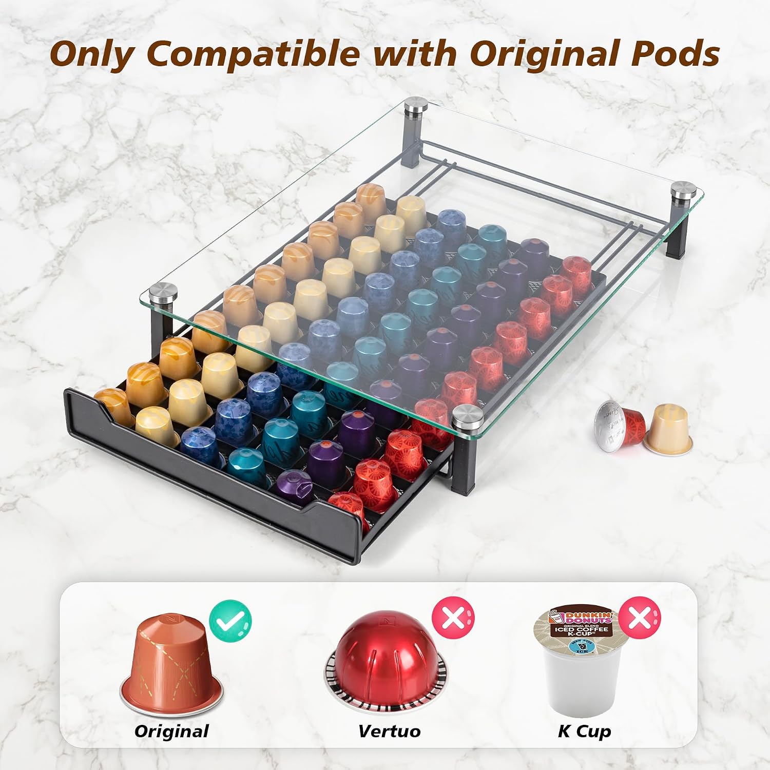 RECAPS Coffee Pod Holder Storage Small Pod Drawer Pods Holder | Compatible with Nespresso Original Line Coffee Pods Kitchen Organizer Holds 60