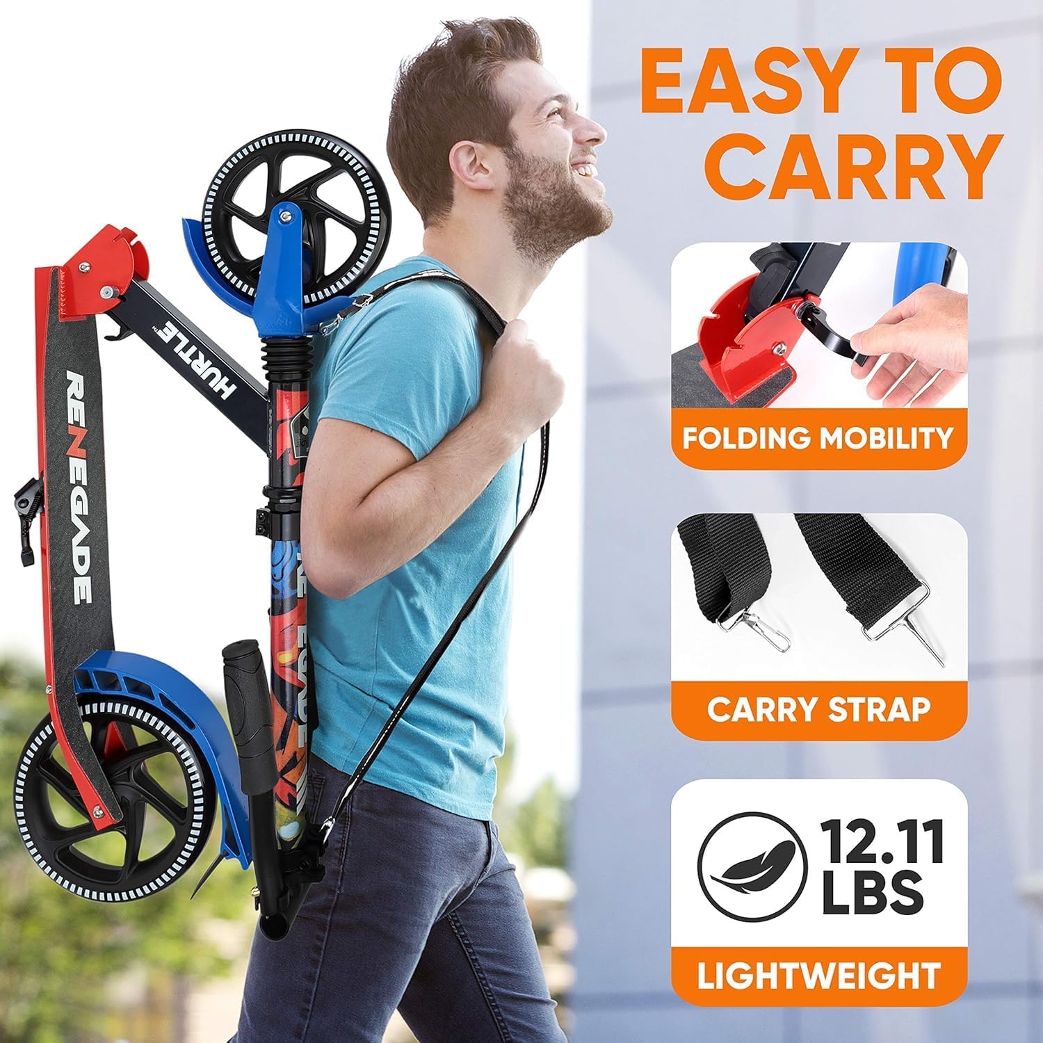 Hurtle Renegade Kick Scooter for Kids, Teenagers & Adults - 2-Wheel Folding Scooter with Adjustable T-Bar Handlebar - Alloy Anti-Slip Deck