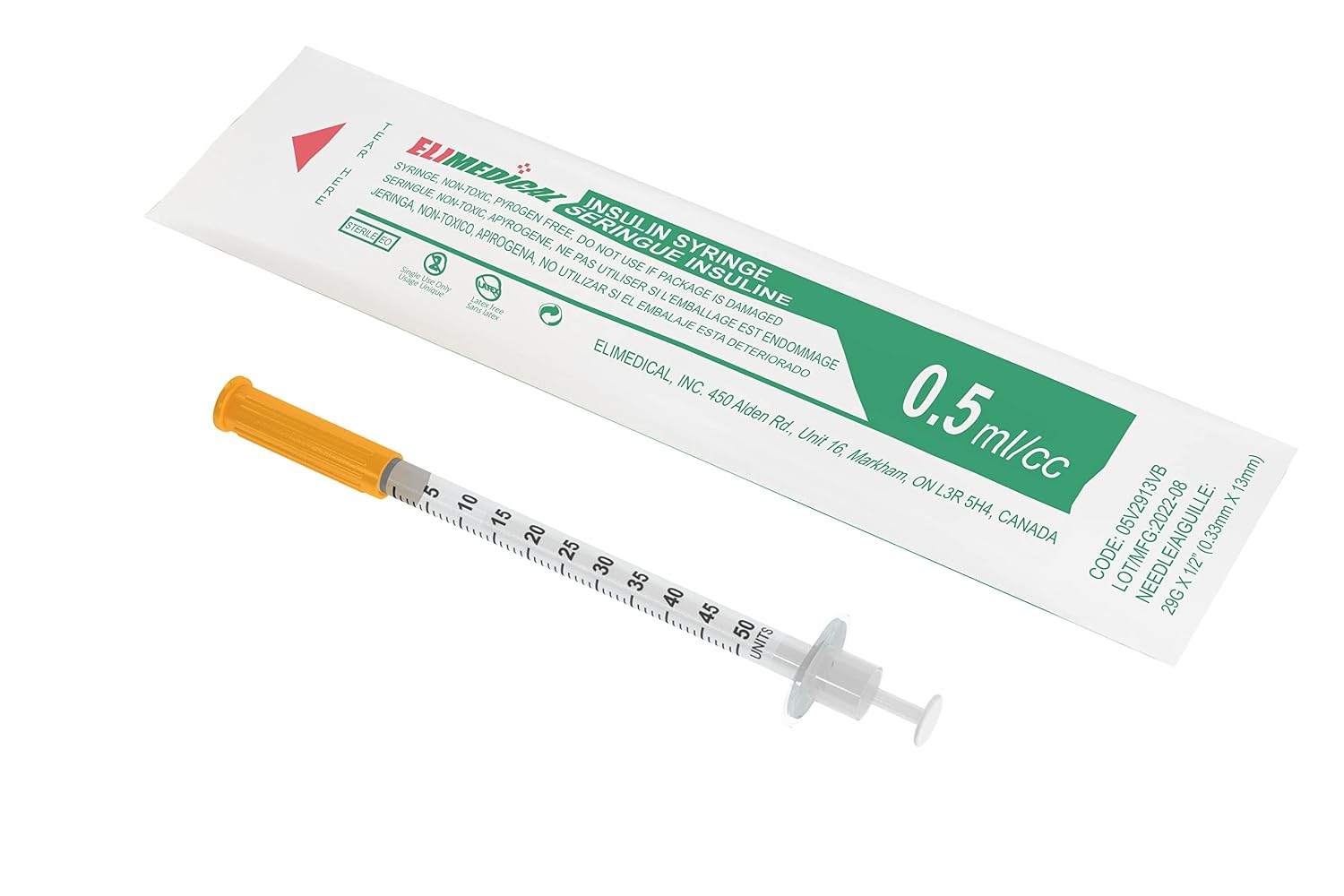 Veterinary Insulin Syringe, U-100, 0.5cc (ml), 29g x 1/2 inch (12.7mm), Individually Packed, for Pet Cat or Dog, 100 per Box, 05V2913VB