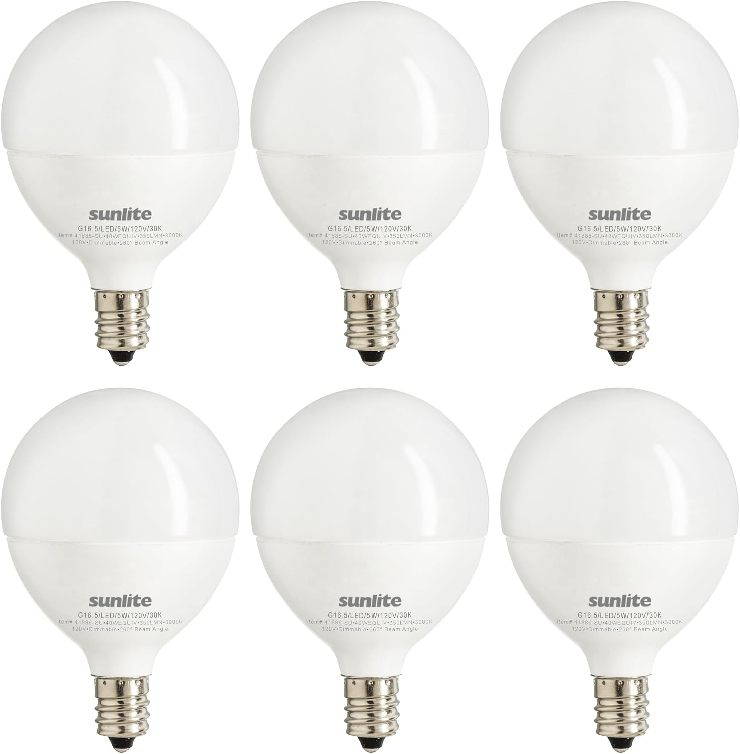 Sunlite G16.5 Light Bulb LED, 5W (40W Equiv.), 350 Lumens, Dimmable, Type G Globe Shape E12 Candelabra Base, Short Bulbs, Vanity Mirror Bulbs, 2700K Soft White, Frosted, 6 Count