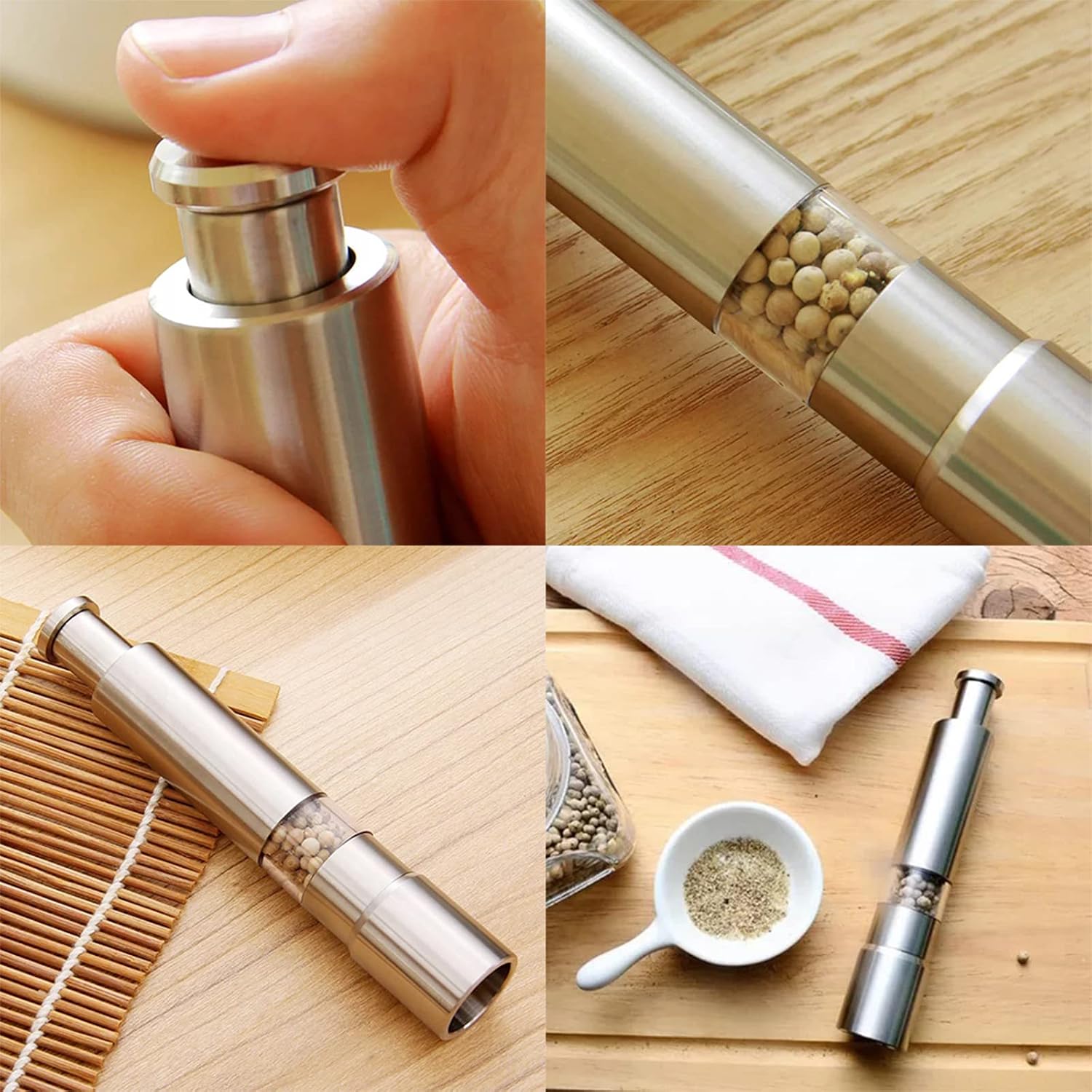 [2 Pieces] Premium Stainless Steel Salt Grinder and Pepper Mill Set for Pepper Sea Salt Himalayan Salt and Spices with Thumb Button for One Hand