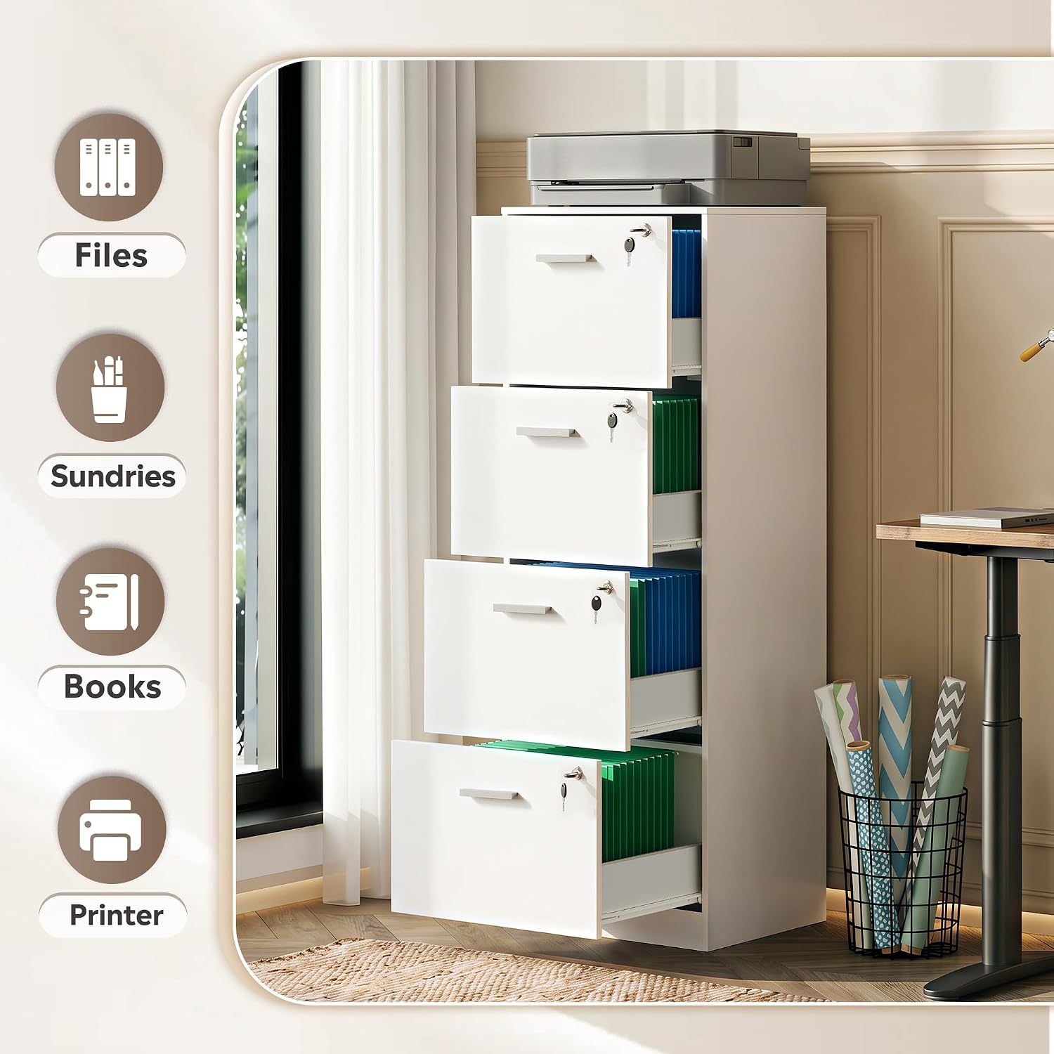 DEVAISE 3 Drawer Wood File Cabinet with Lock, Fits Letter and A4 Size | Wooden Tall Vertical Filing Cabinet, Home Office Printer Stand, Easy Assembly, White