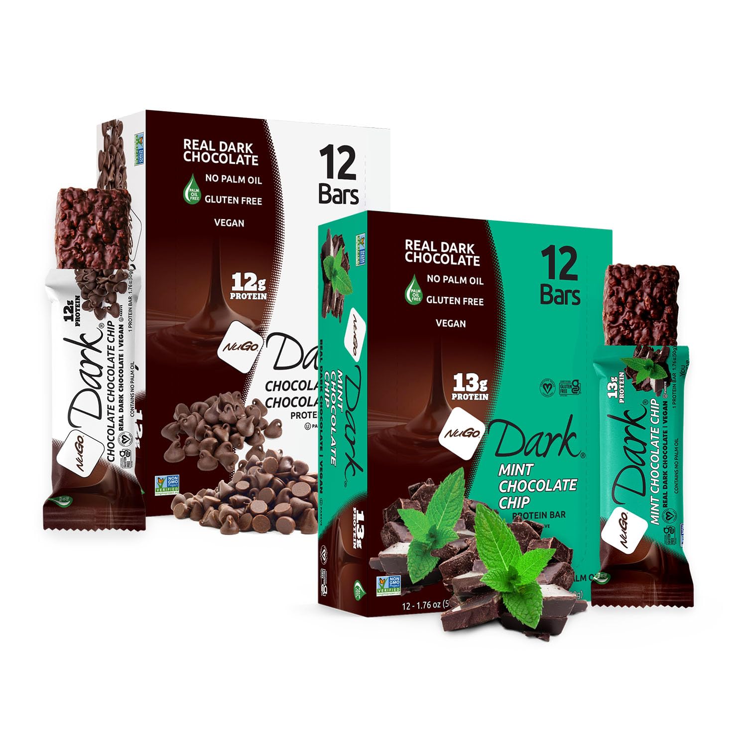 NuGo Dark, Mint Chocolate Chip, 13g Vegan Protein Bar, Gluten Free, 24 CT