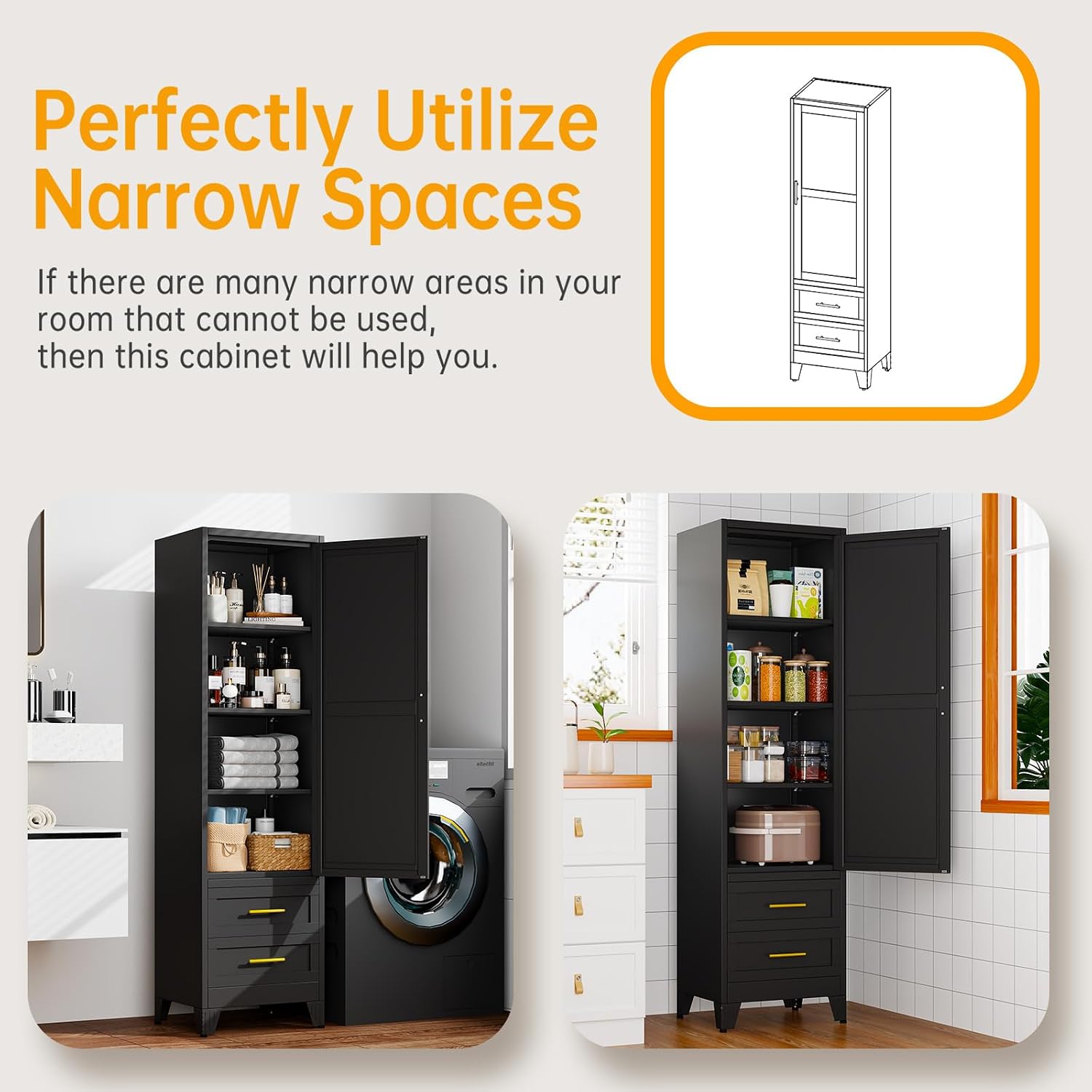 Ckzbx Tall Narrow Storage Cabinet 66.93" H Tall Bathroom Cabinet Metal Pantry Cabinets, 4 Adjustable Shelves for Kitchen, Home Office, Living Room, Dinning Room (20 inches Wide White)