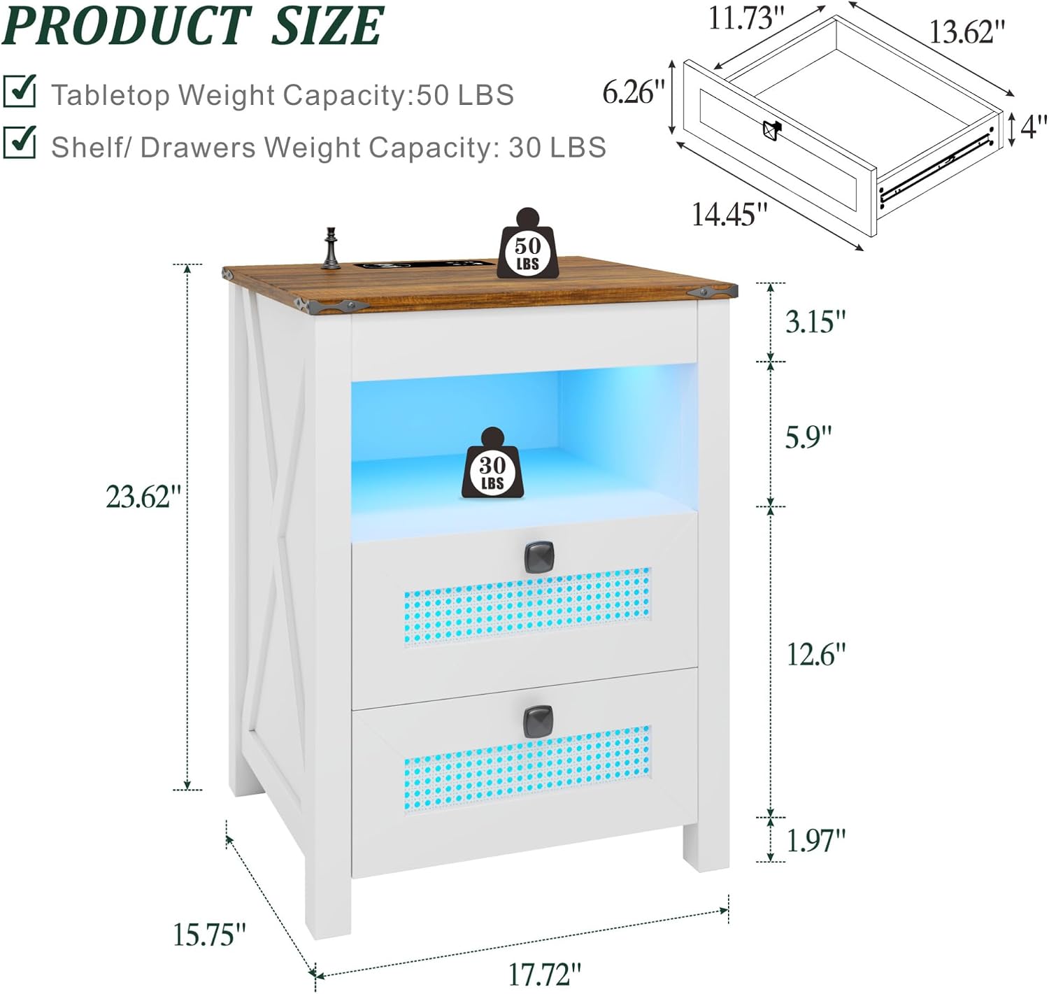 LED Night Stand with Gun Drawer & Charging Station | Human Sensor Lights, Hidden Storage, Farmhouse Rattan Style, 3 Drawers, Bedside Table for Bedroom, End Tables Livingroom
